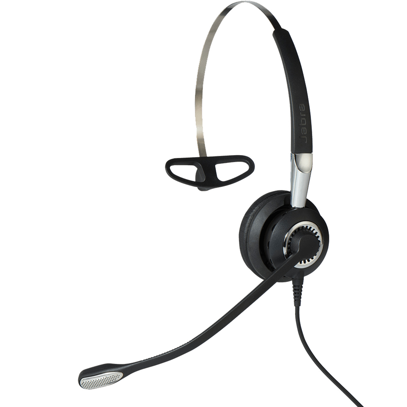 Un auricular Jabra negro con micrófono. El auricular se usa sobre la oreja.