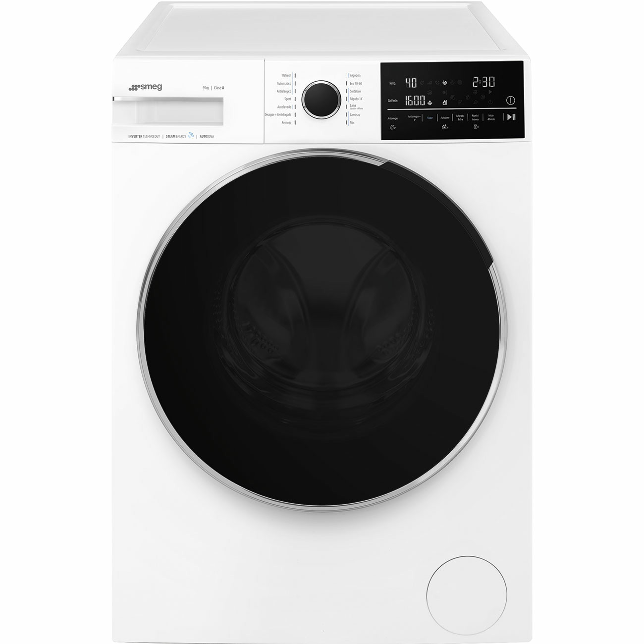 Una lavadora blanca con puerta negra y pantalla digital.