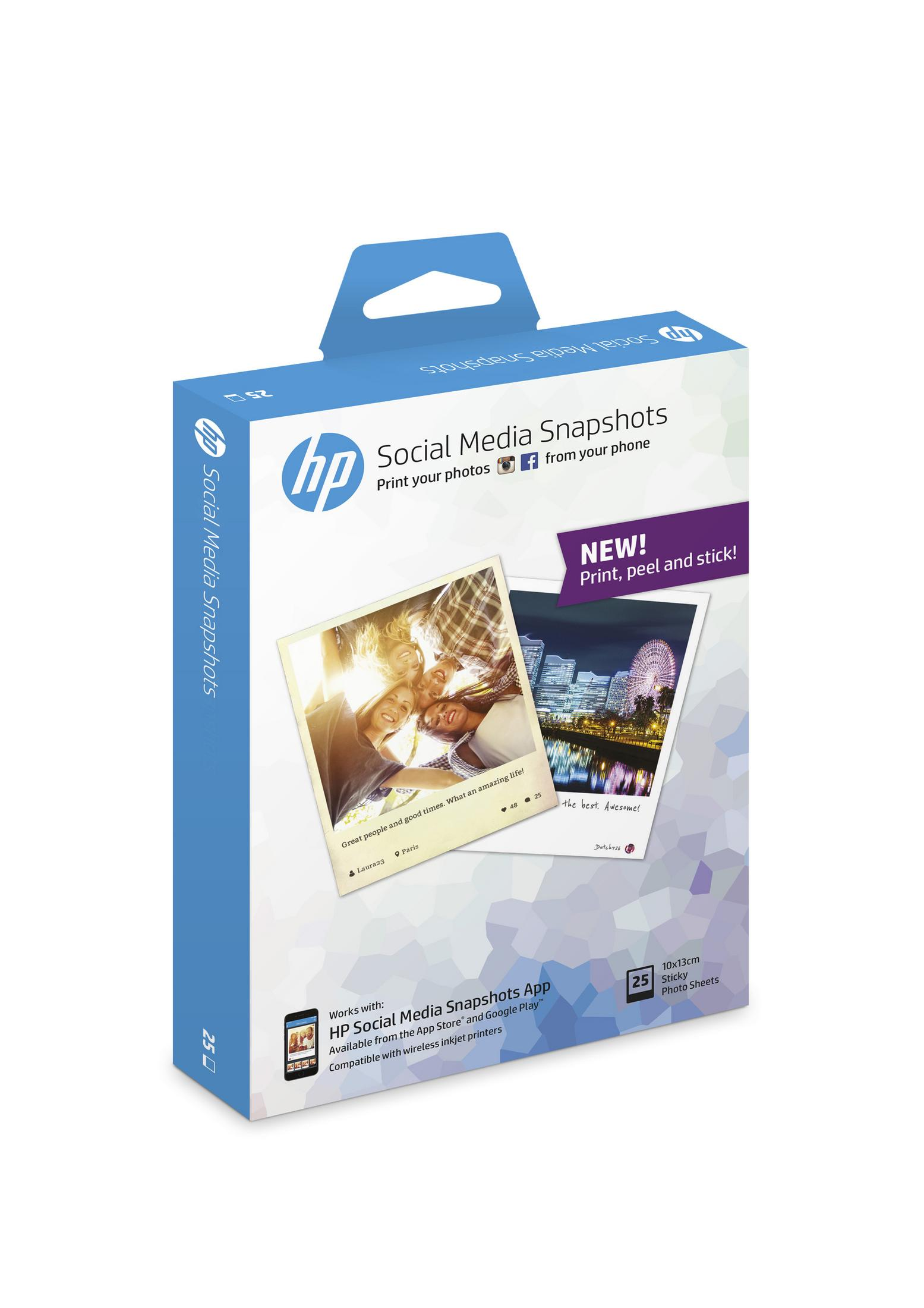 Caja de HP Social Media Snapshots con fotos. La caja es azul con fondo blanco.