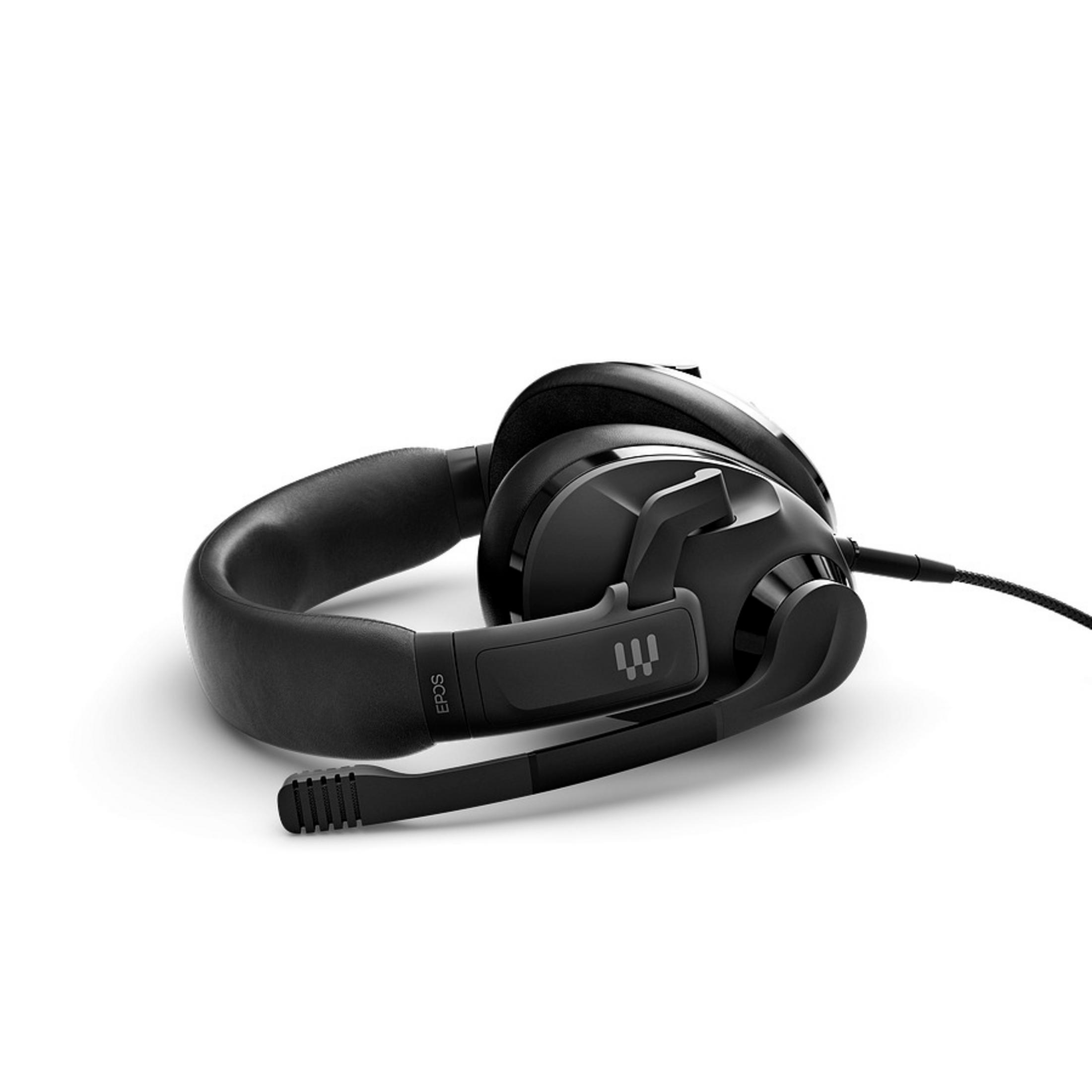 Czarne słuchawki dla graczy na białym tle. Słuchawki mają mikrofon i widoczna jest marka EPOS.