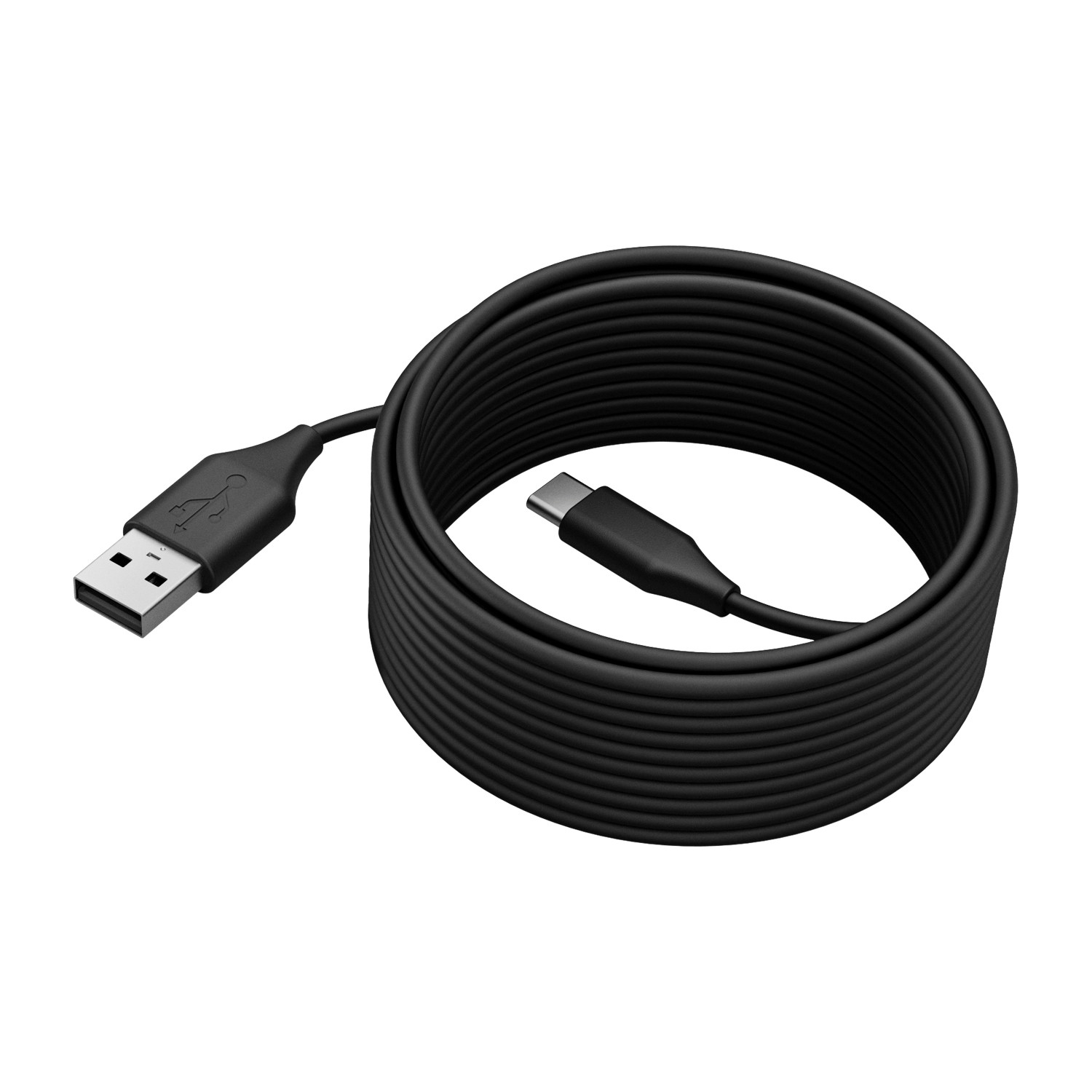 Cavo nero da USB a USB-C, arrotolato.