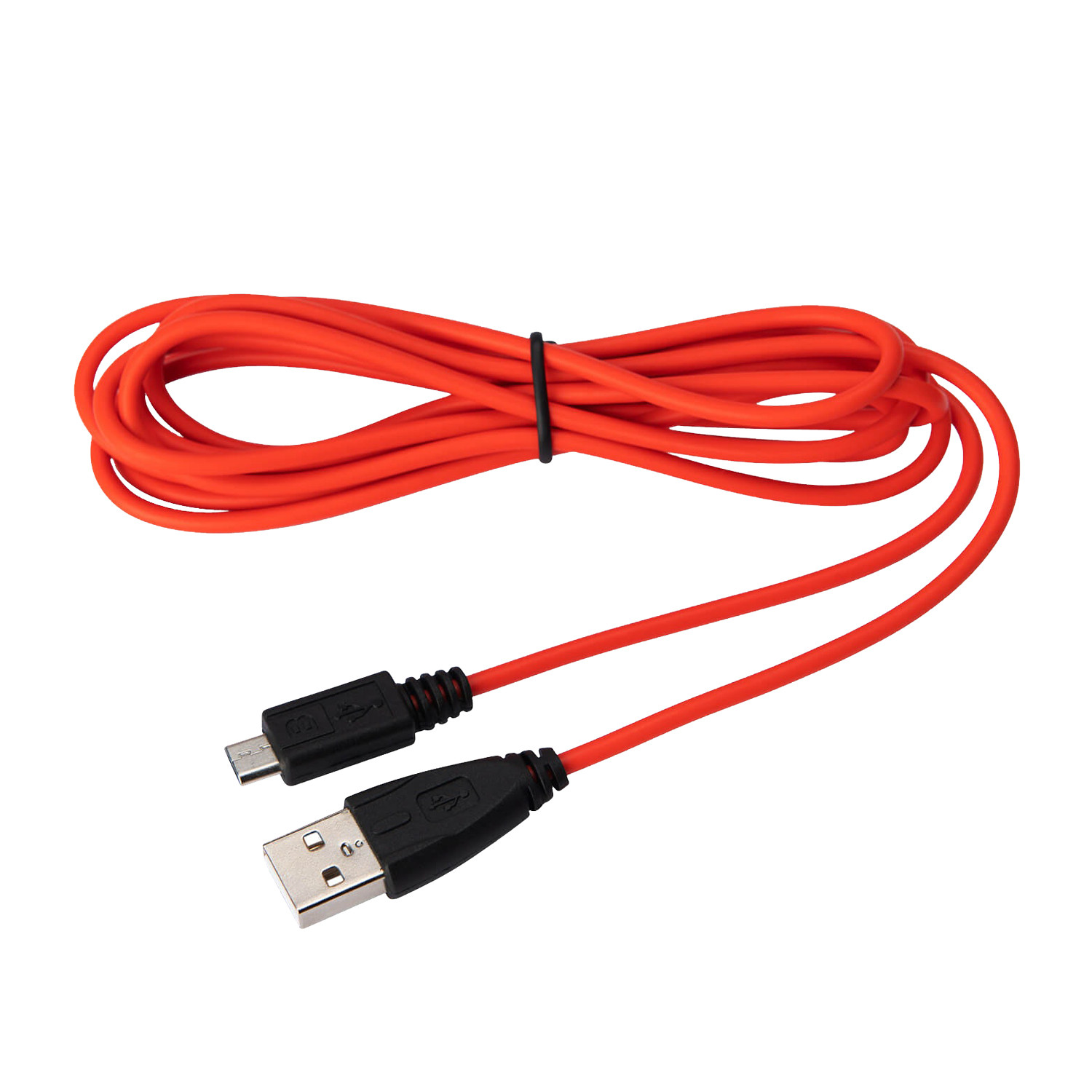 Cavo USB arancione con connettore nero e connessione USB a micro-USB. Fascia elastica nera.