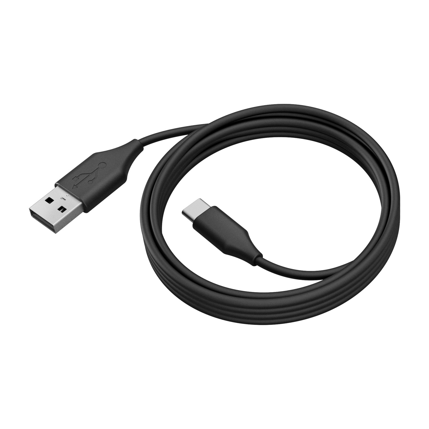 Black USB cable with a USB connector and a Type-C connector, coiled on a white surface.