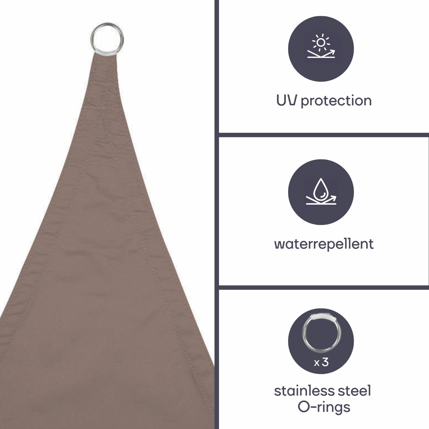 Una vela parasole marrone con tre anelli a O in acciaio inossidabile. Protezione UV e icone idrorepellenti.