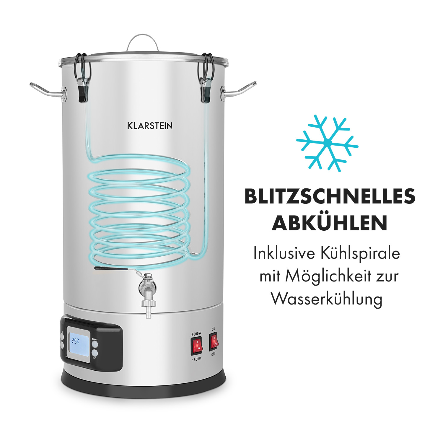 Eine Edelstahl-Braumaschine mit Kühlspirale und Bedienfeld.