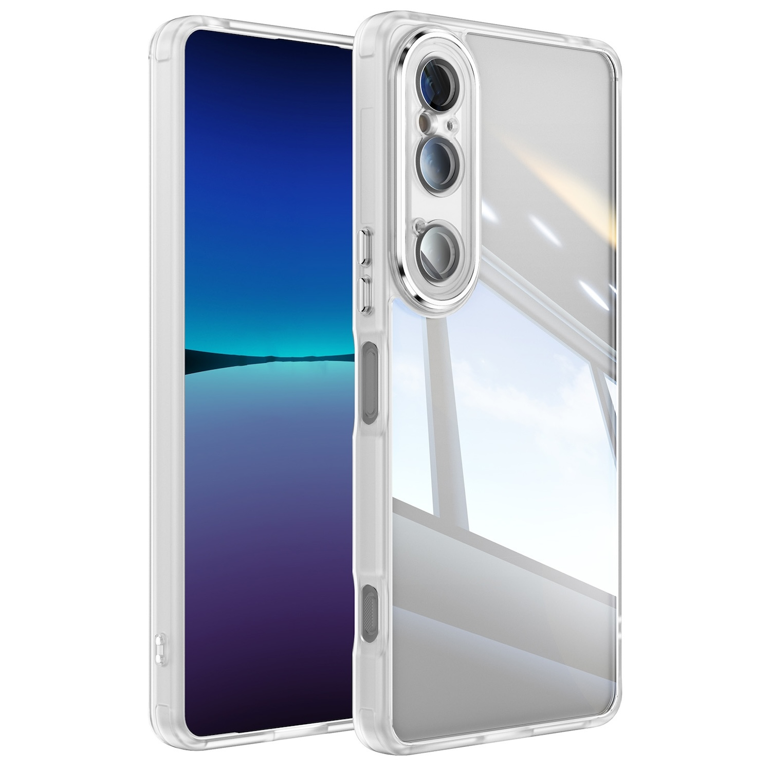 Funda transparente para teléfono con un teléfono dentro. La funda tiene una superficie reflectante.