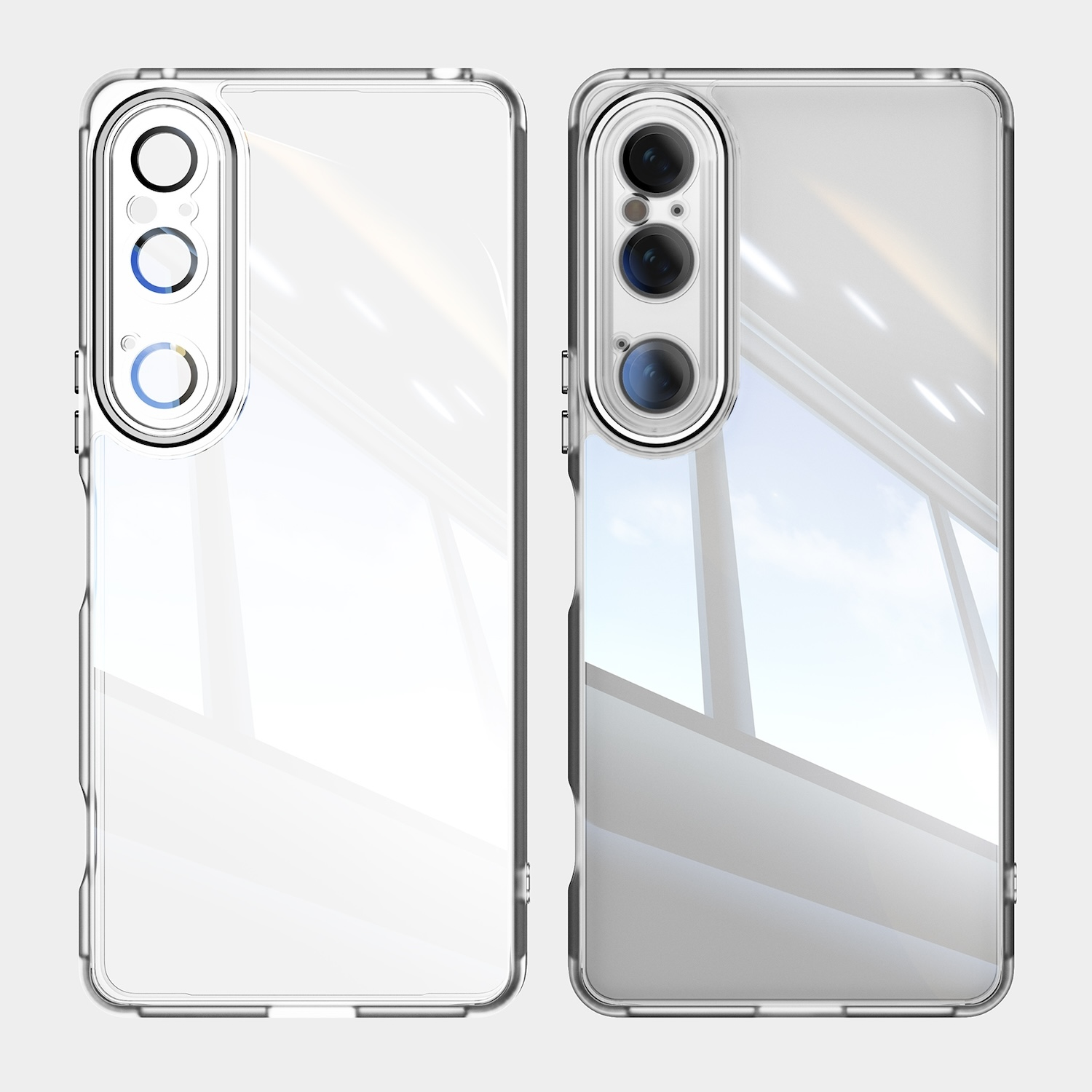 Dos fundas transparentes para teléfono con cámara visible, vista frontal y trasera.