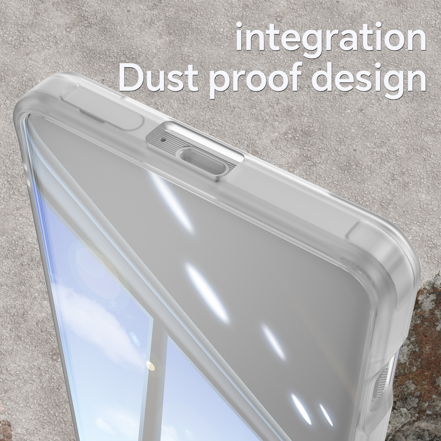 Primer plano de una funda transparente, mostrando una esquina.