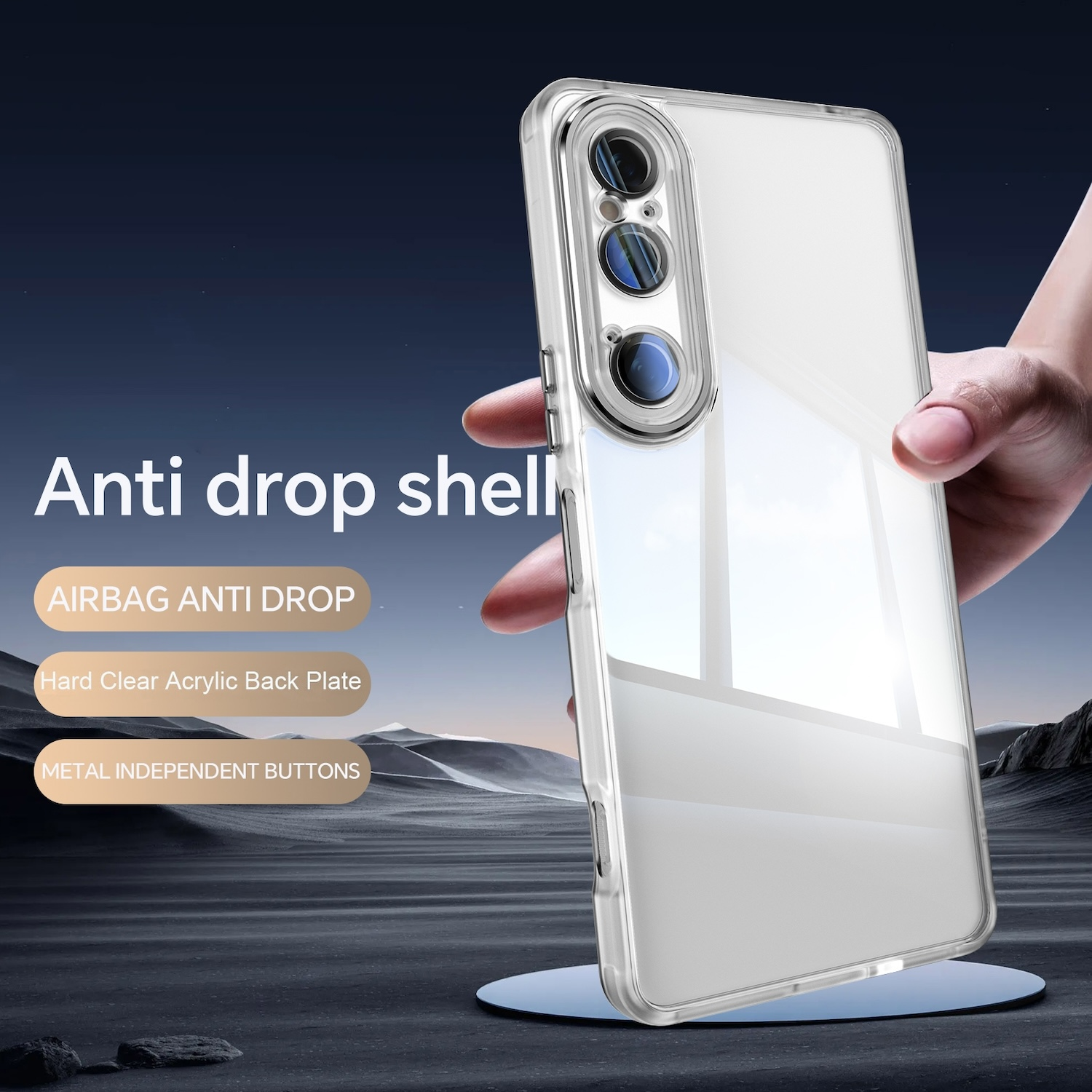 Un teléfono en una funda transparente sostenido por una mano. Texto: 'Carcasa anticaída'.