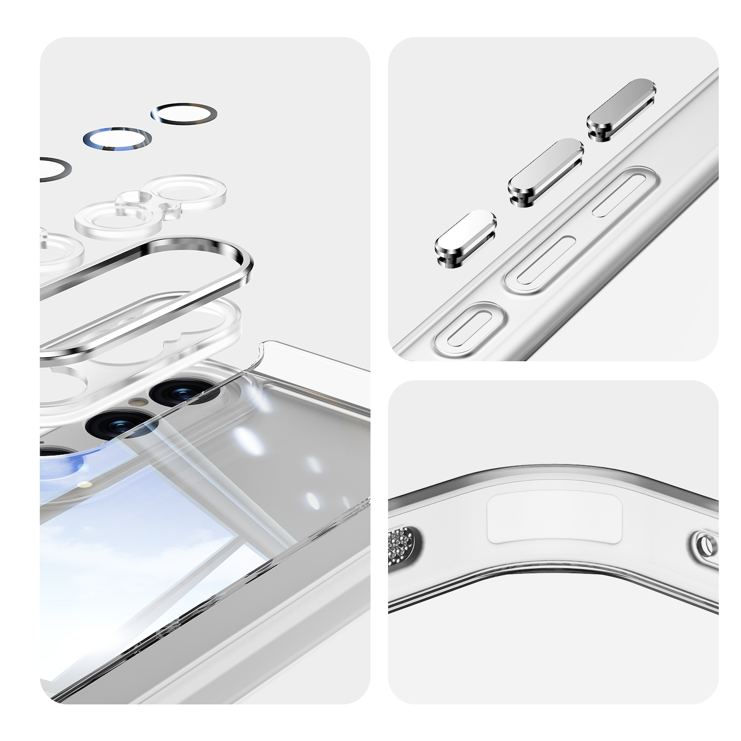 Funda transparente para teléfono. Muestra detalles de cámara y botones. Se muestran varias capas.