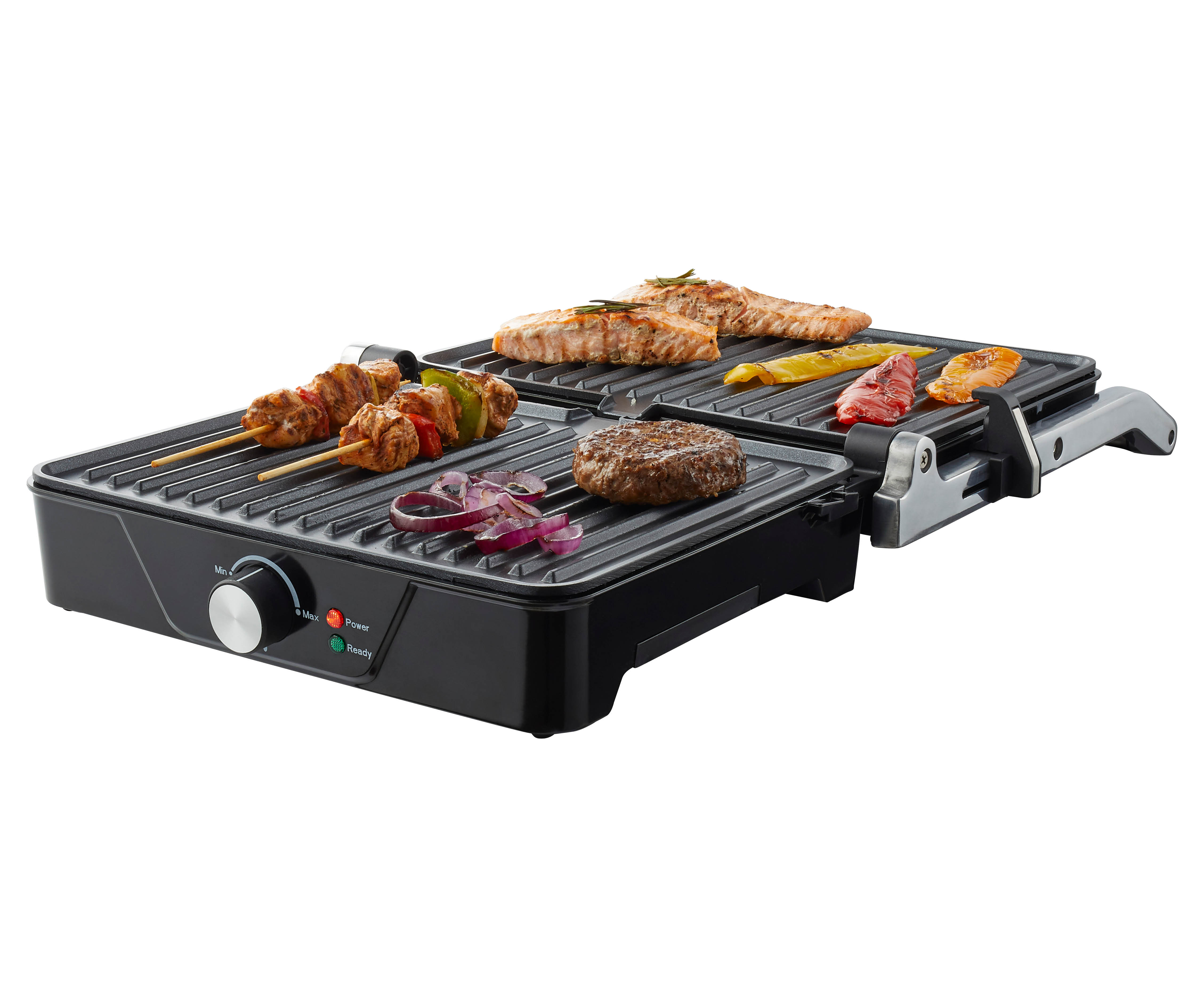 Gril noir avec aliments grillés : brochettes, steak, saumon et légumes. Boutons à gauche.