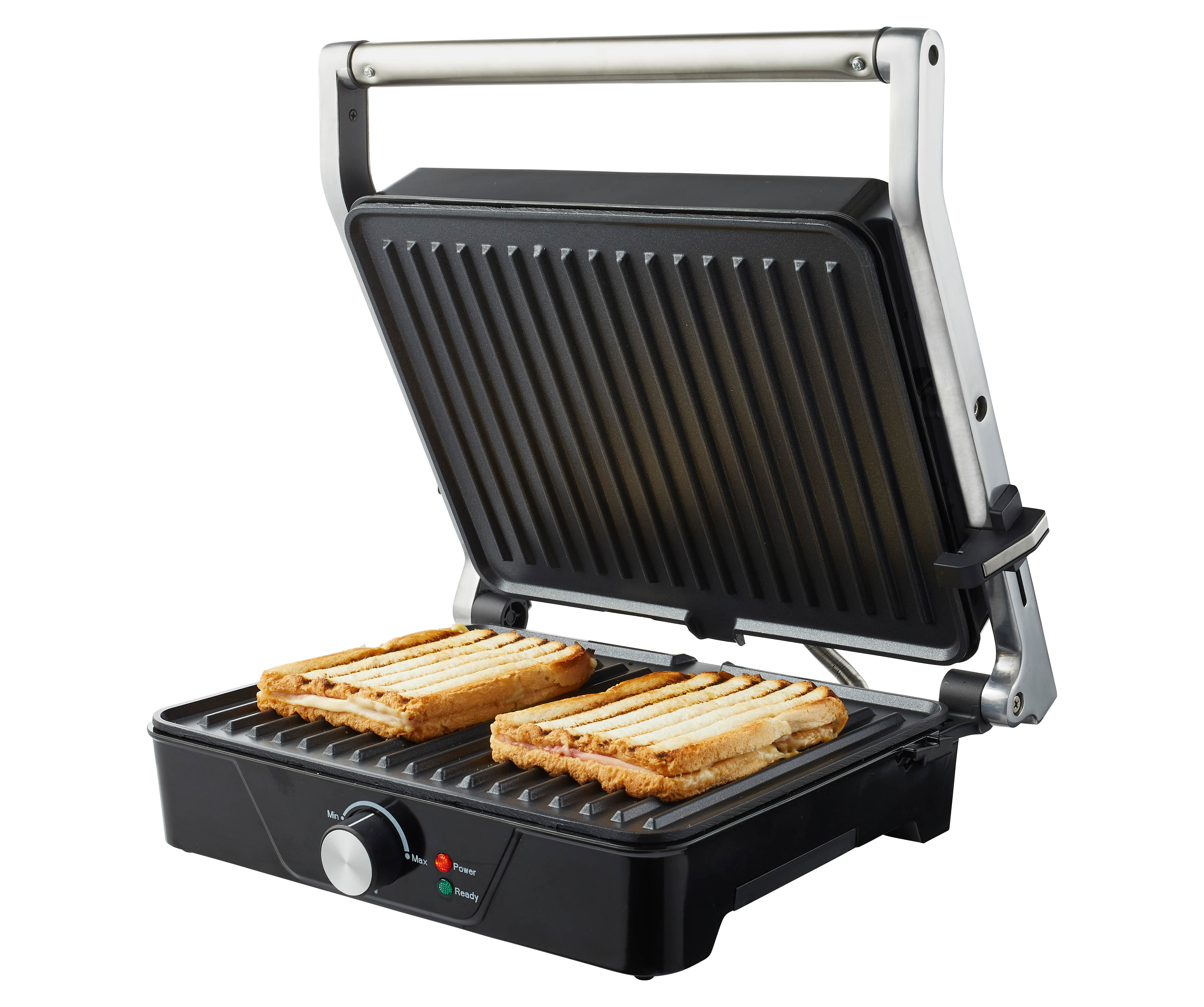 Une presse à panini noire avec deux sandwichs grillés prêts à être servis.