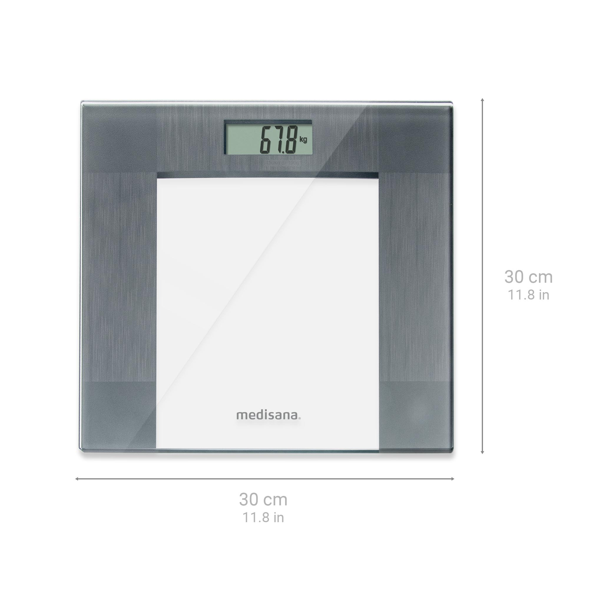 Digitale badkamerweegschaal met grijs frame, wit midden, en 67,8 kg display. Afmetingen zijn 30cm x 30cm.