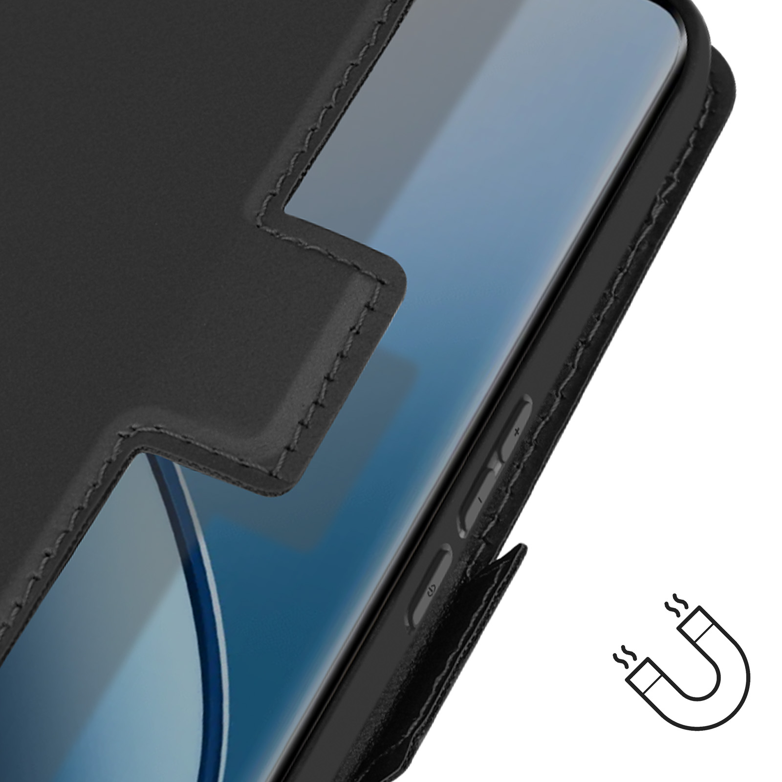Custodia nera con chiusura magnetica, vista ravvicinata.