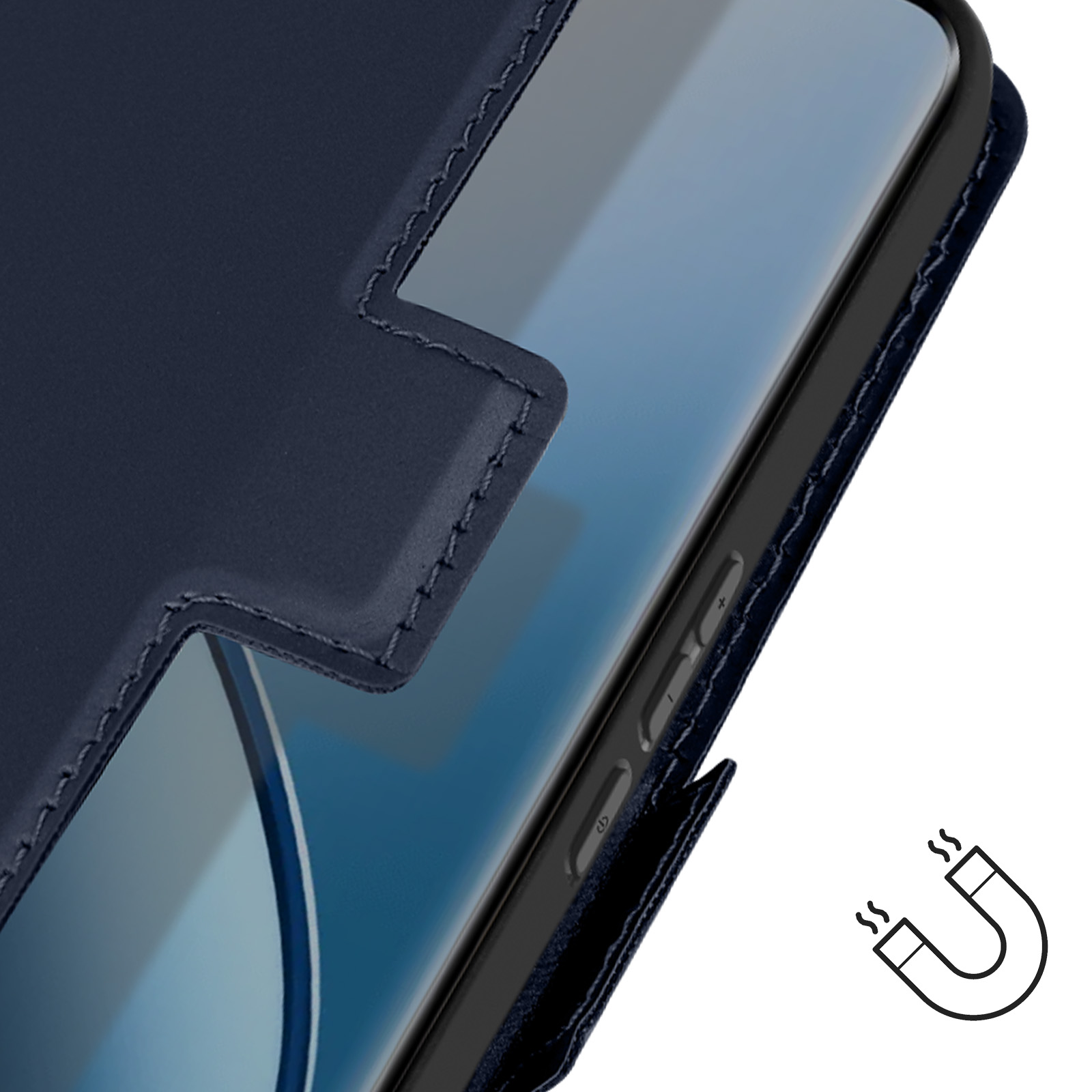 Una custodia per telefono blu scuro con chiusura magnetica.