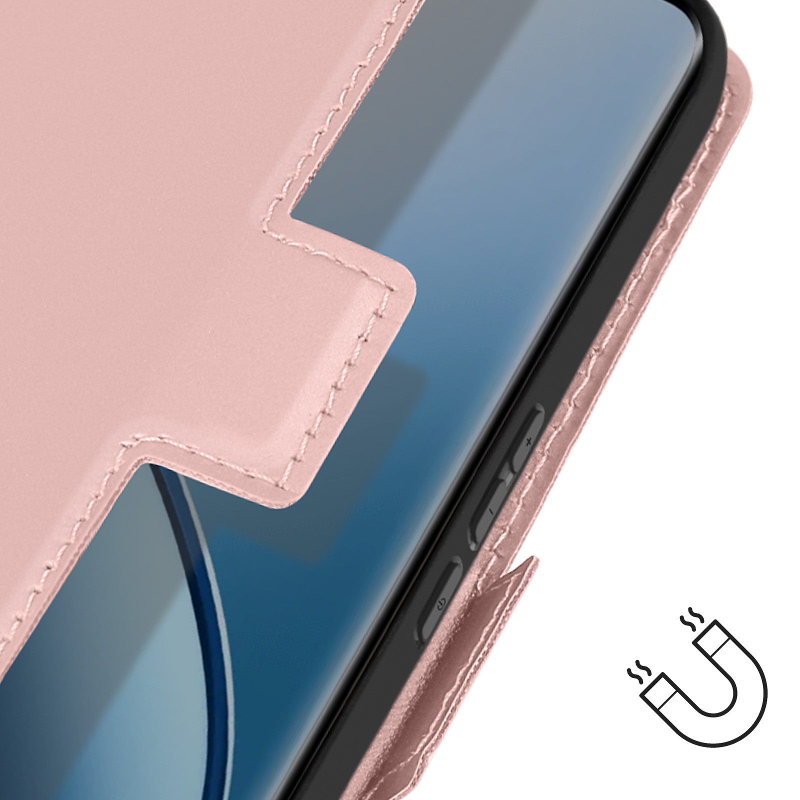 Primo piano di una custodia rosa per telefono con un simbolo magnetico, parte del telefono visibile.