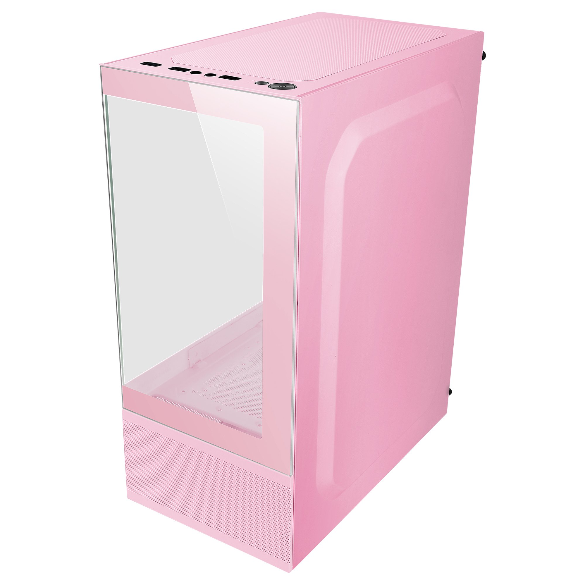 Caja de ordenador rosa con panel de vidrio. Panel frontal perforado y botón de encendido en la parte superior. Es nuevo.