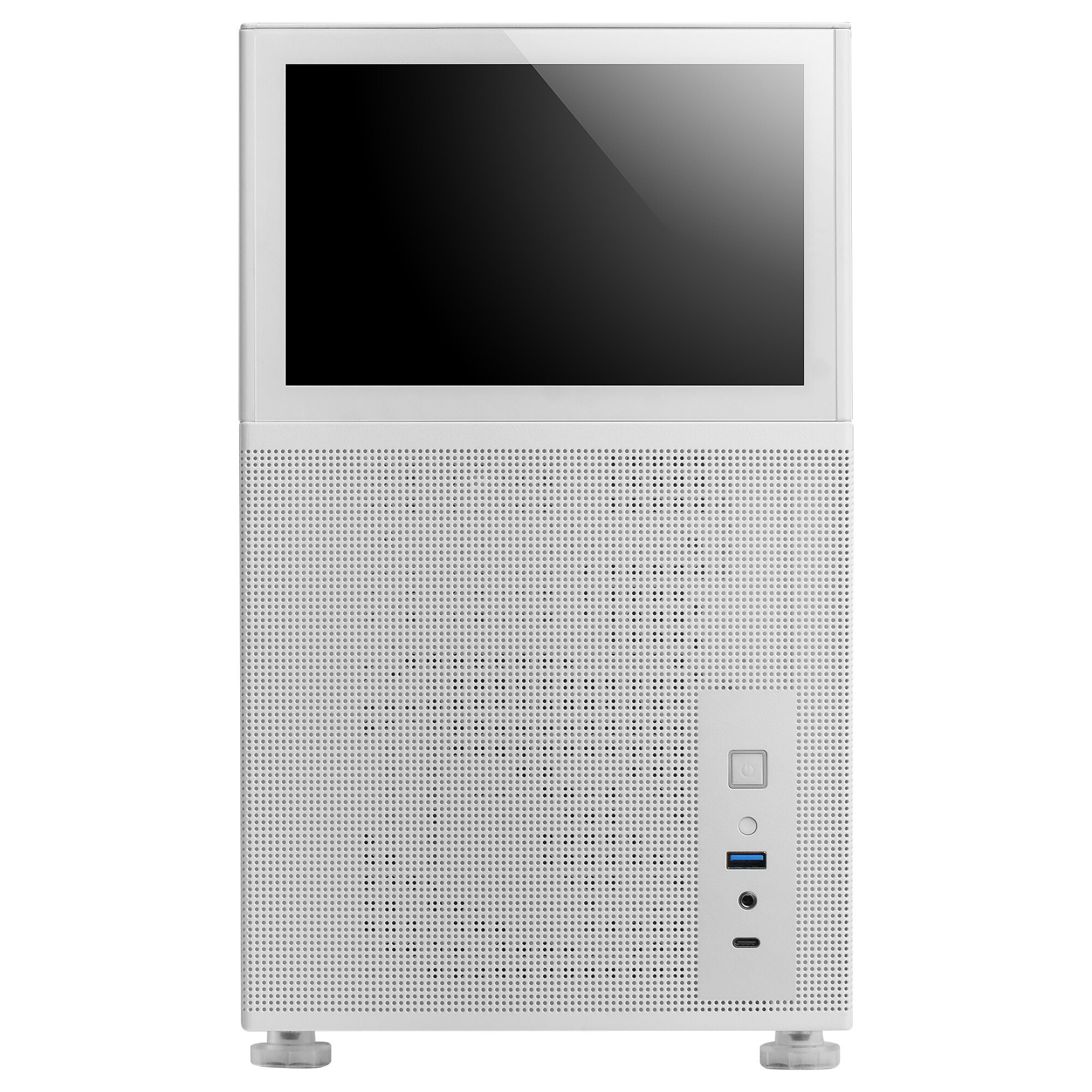 Weißer Computerturm mit Bildschirm oben. Merkmale: Strom- und USB-Anschlüsse.