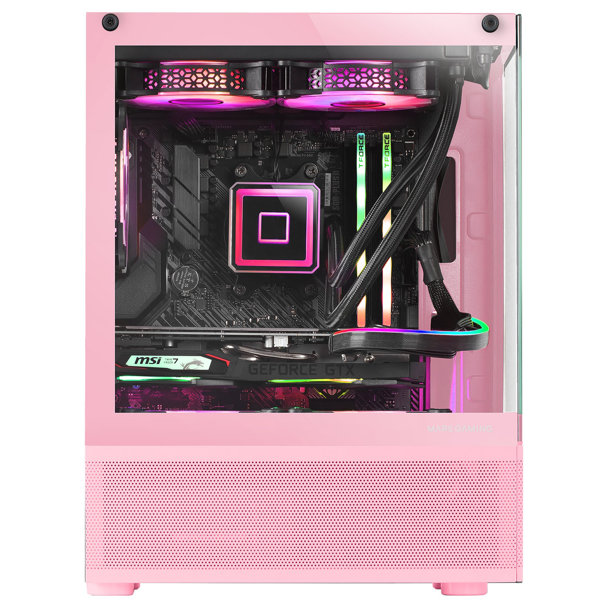 Una caja de computadora rosa con componentes internos. La caja tiene un panel lateral transparente.