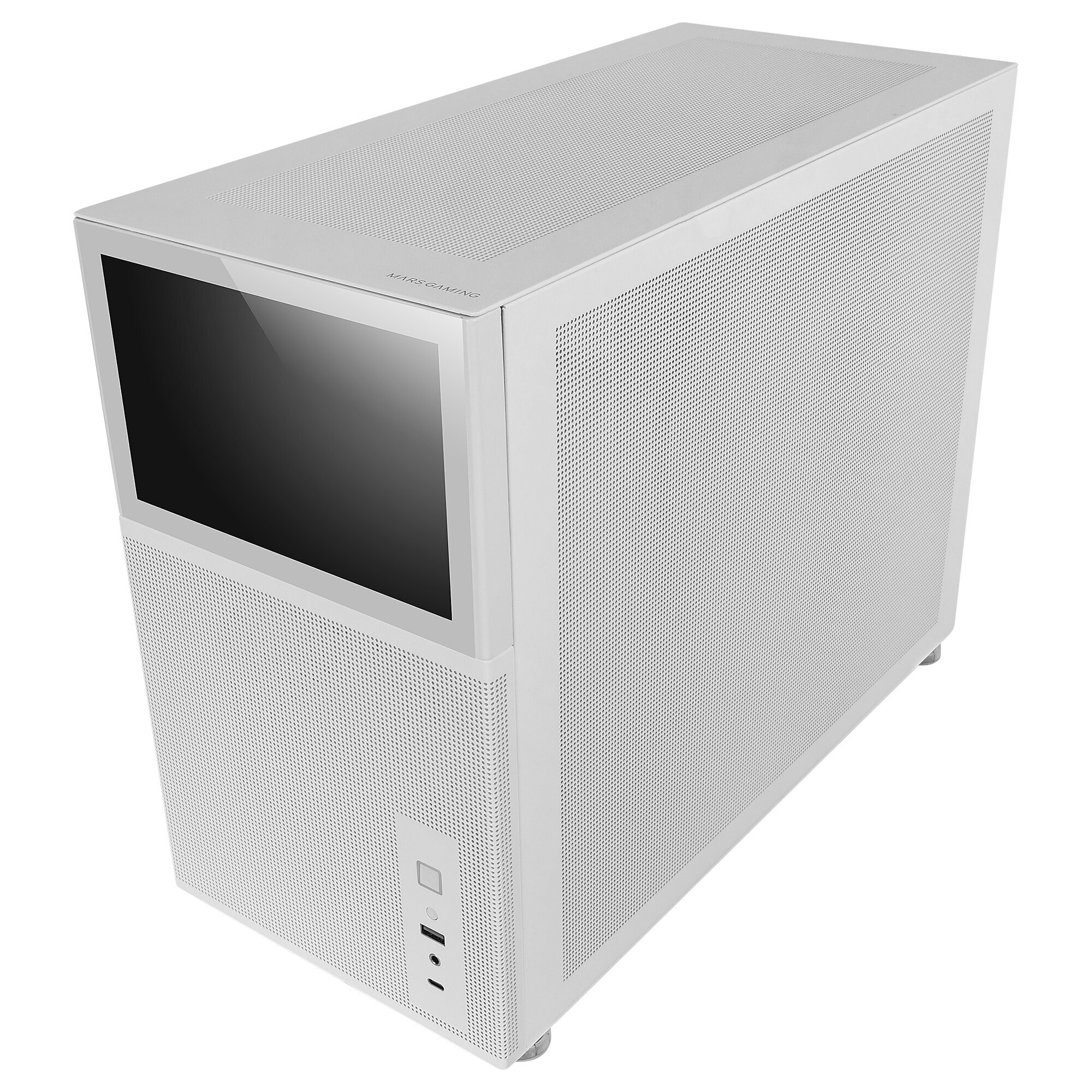 Weißes Computergehäuse mit perforierter Seitenwand und Bildschirm oben. Es hat Anschlüsse und Knöpfe.