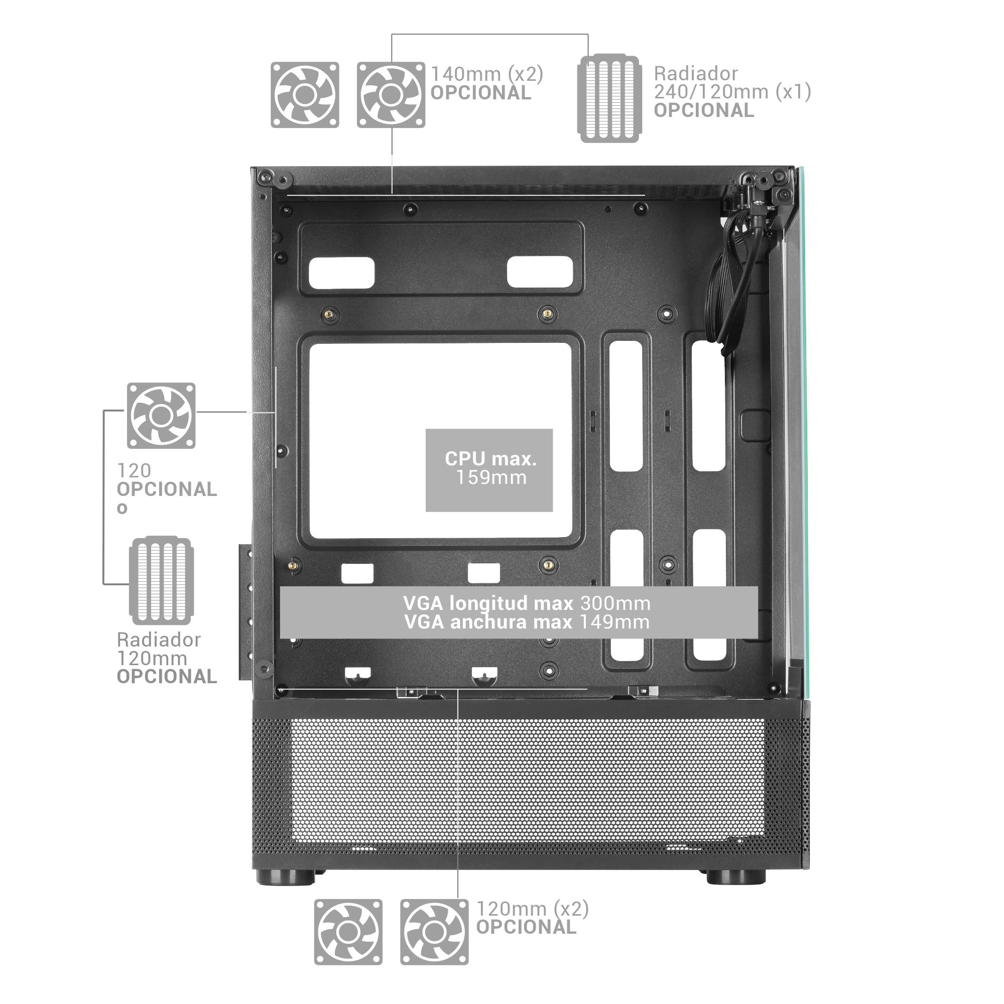 Interior de la caja de la computadora, con soportes para ventiladores y espacios para componentes. Diseño abierto con etiquetas de texto.