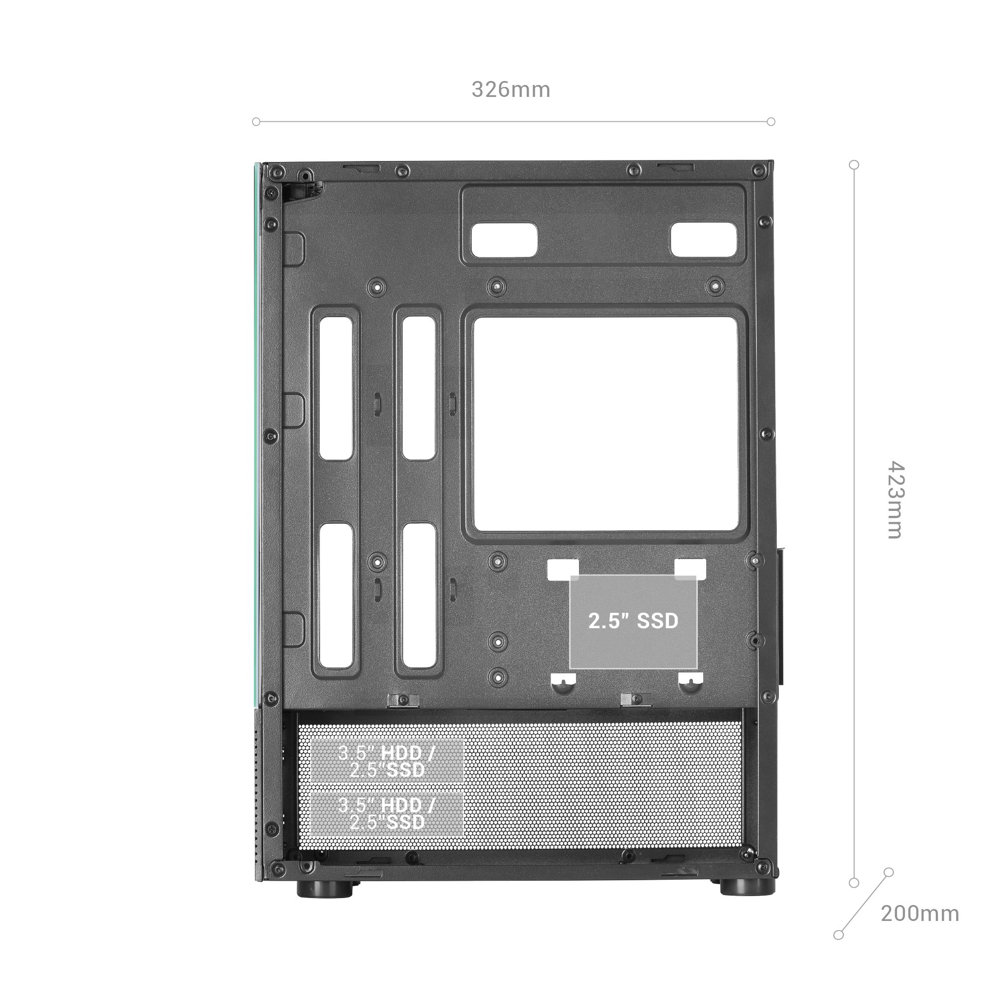 Caja de ordenador. Muestra el interior de la caja. Dimensiones visibles.