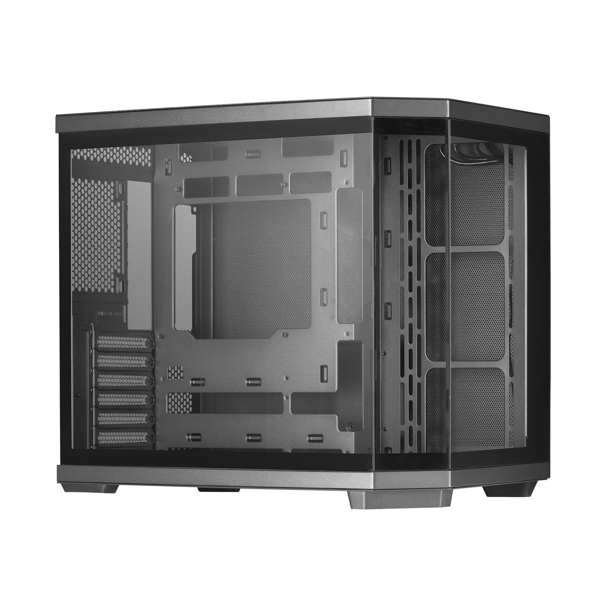 Ein Computergehäuse mit klaren Seiten und getönter Glasscheibe, vor weißem Hintergrund.