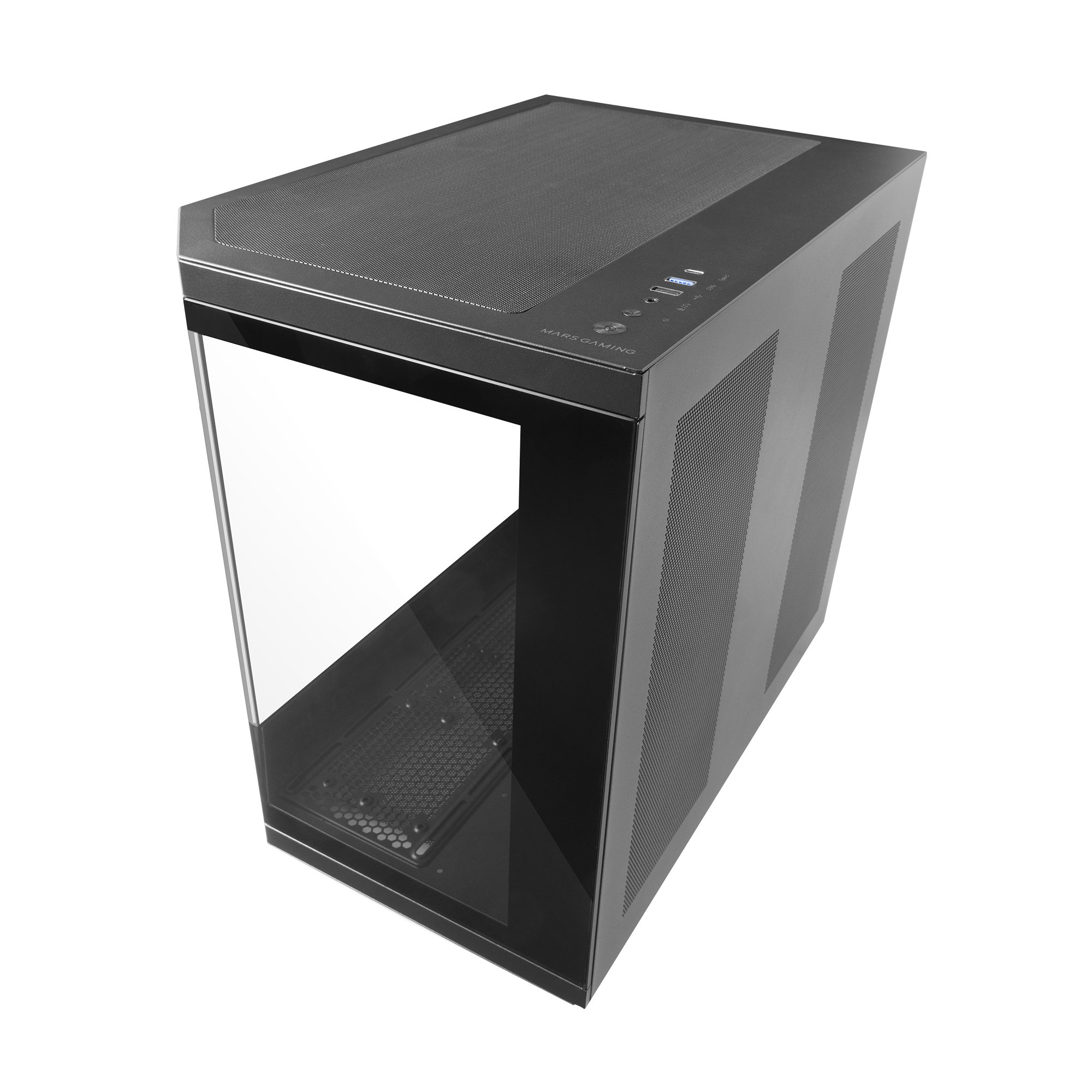 Ein schwarzes Computergehäuse mit Glas-Seitenwand, zeigt Innenkomponenten, auf weißem Hintergrund.