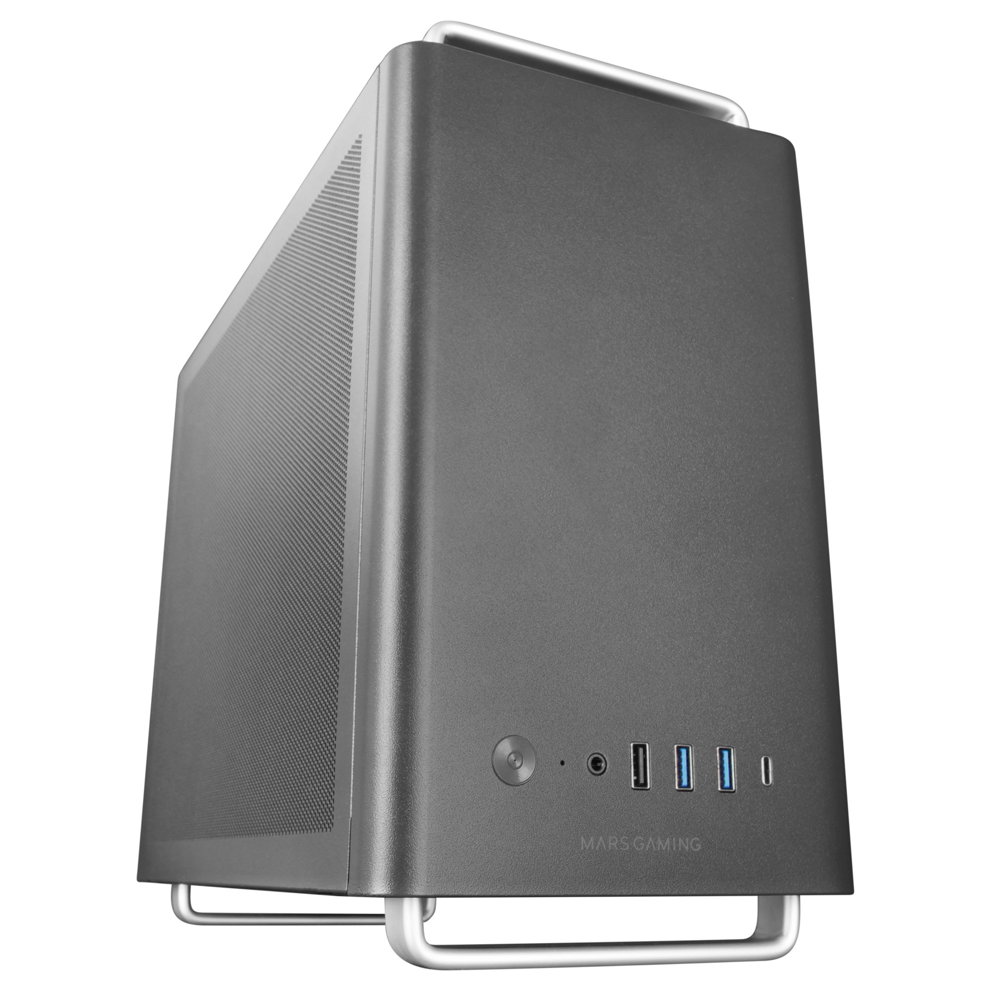 Un case per computer grigio con una maniglia in alto. Ha porte anteriori e un pulsante di accensione. C'è scritto MARS GAMING.