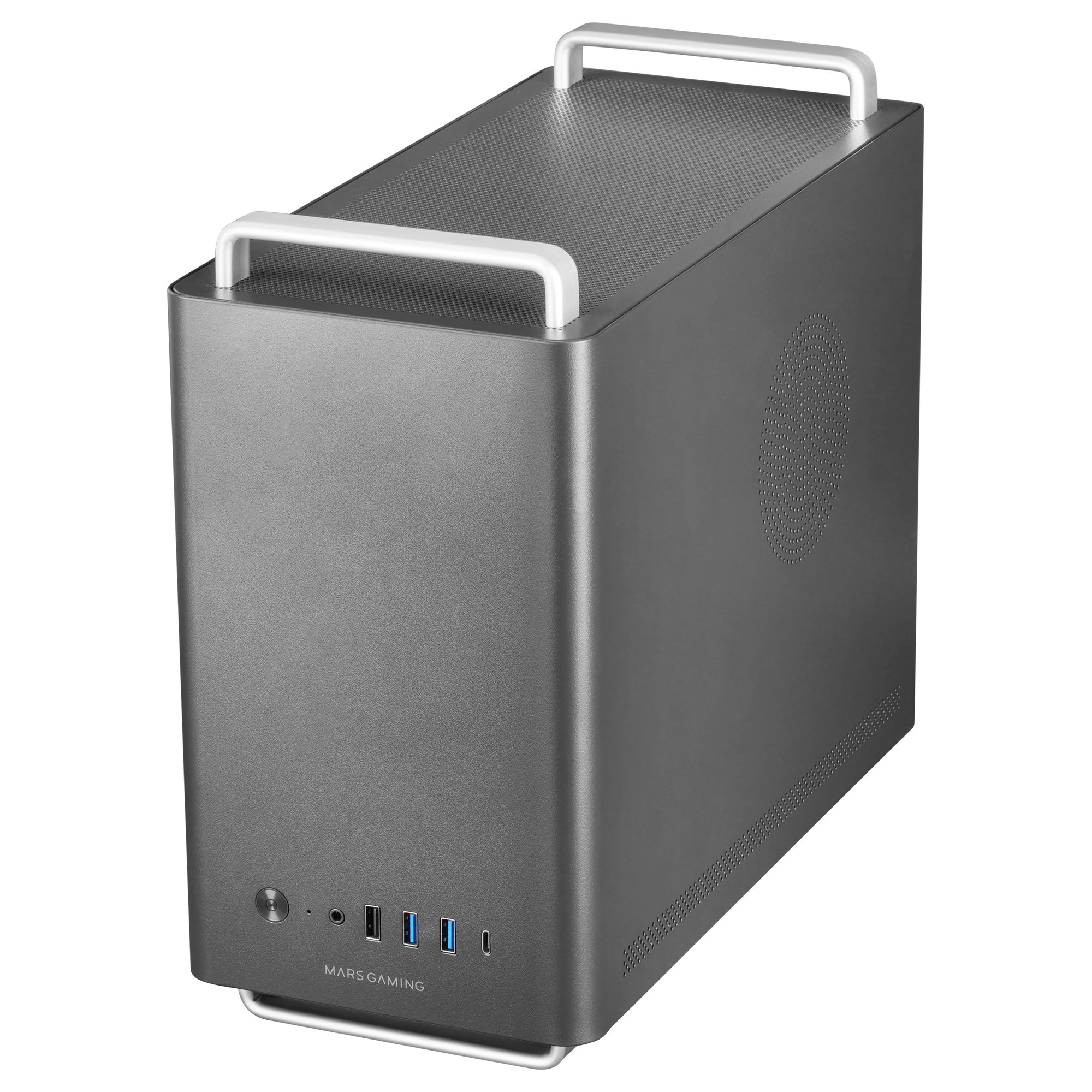 Case per computer grigio scuro con maniglie argentate, pulsante di accensione e porte USB. Sfondo bianco.