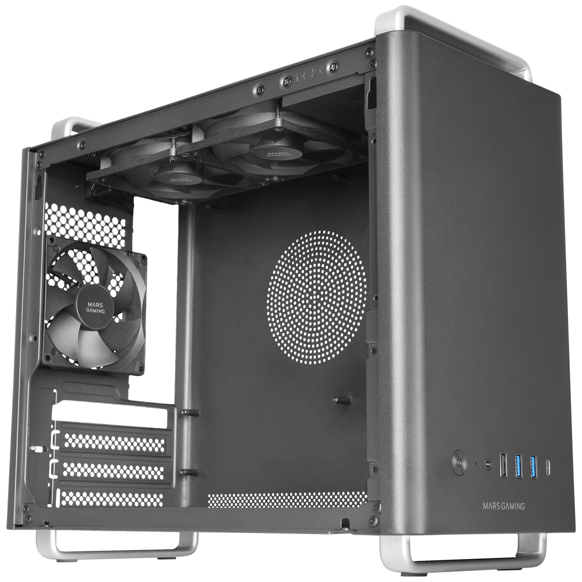 Case per PC nero, aperto per mostrare le ventole all'interno. Maniglie argentate sopra e sotto.