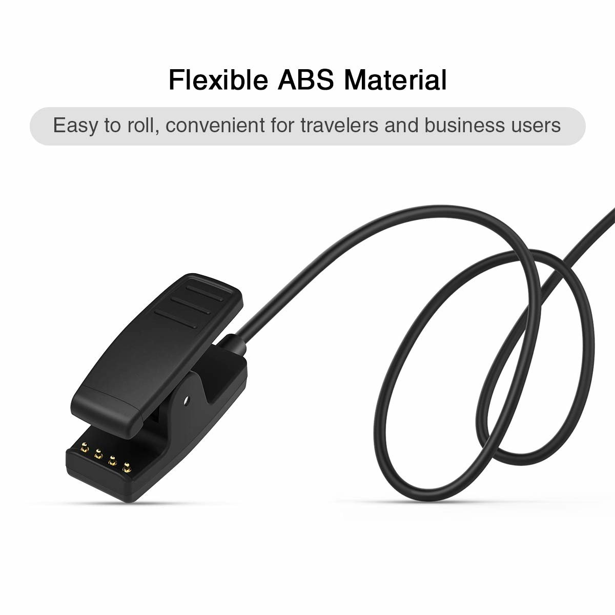 Schwarzer Ladeclip mit Kabel. Text: Flexibles ABS-Material. Einfach zu rollen, praktisch für Reisende.