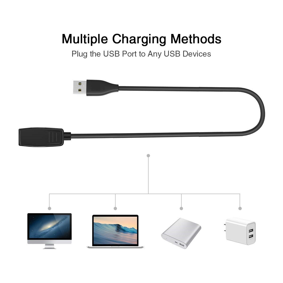 Schwarzes USB-Ladekabel mit mehreren Geräteanschlüssen.