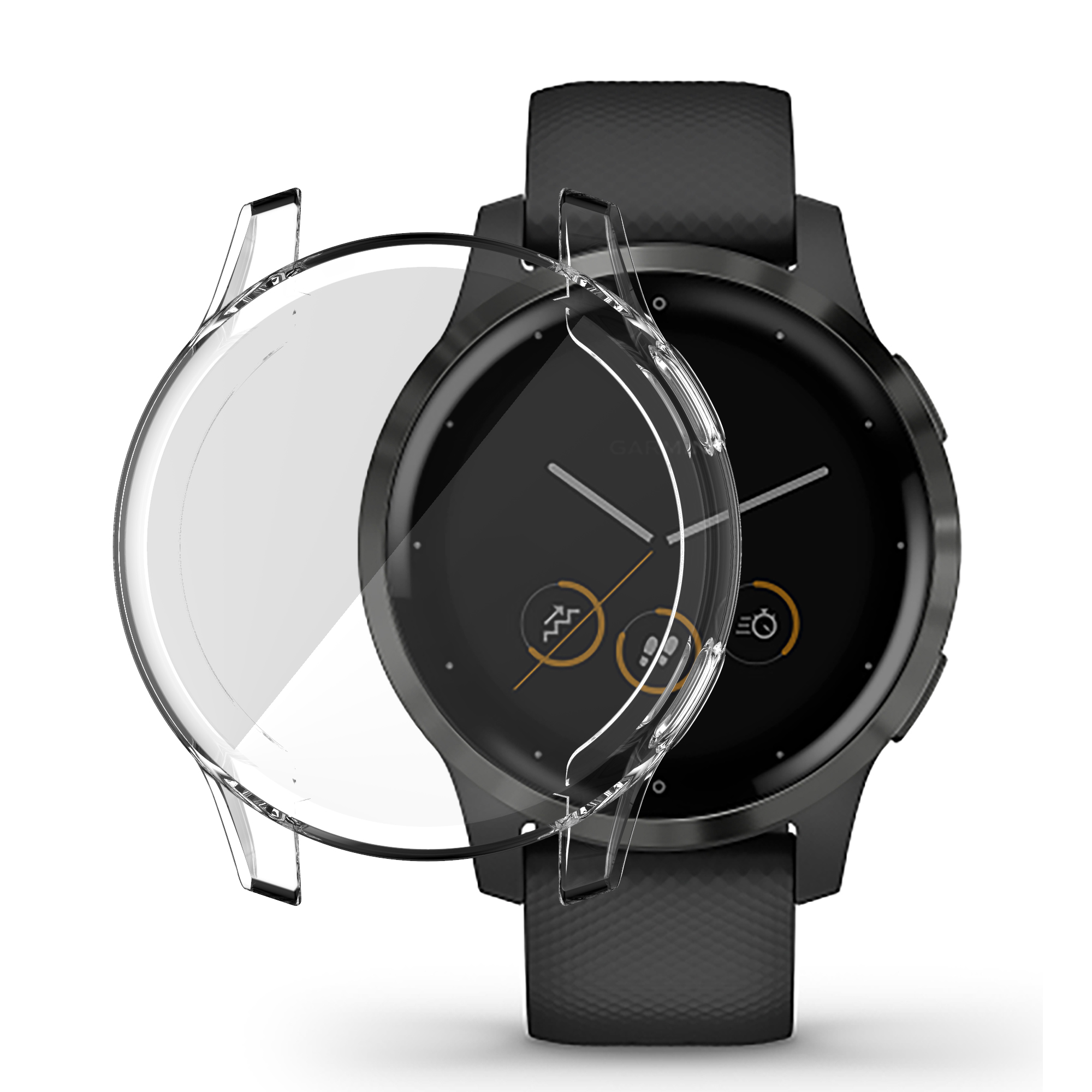 Schwarze Smartwatch mit angebrachtem transparenten Displayschutz.