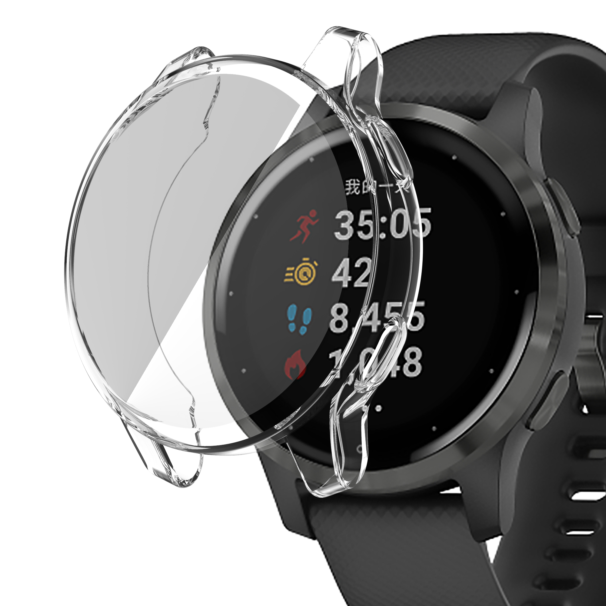 Smartwatch mit klarer Schutzhülle. Schwarzes Armband und Zifferblatt mit sichtbaren Daten.