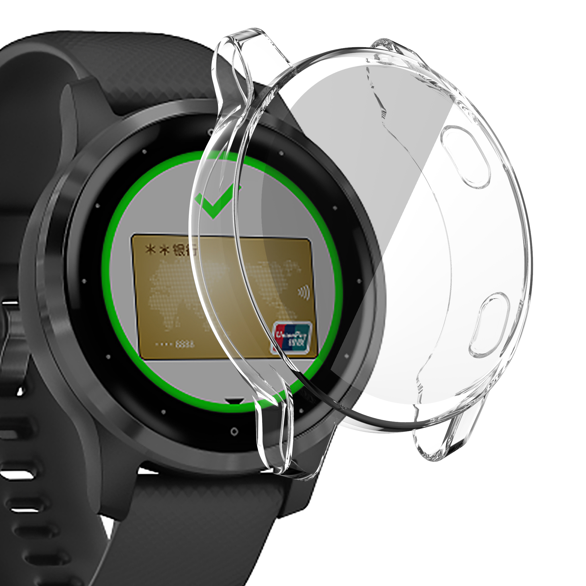 Eine Smartwatch mit klarer Abdeckung über dem Bildschirm. Auf dem Bildschirm der Uhr wird ein Kreditkartenbild angezeigt.