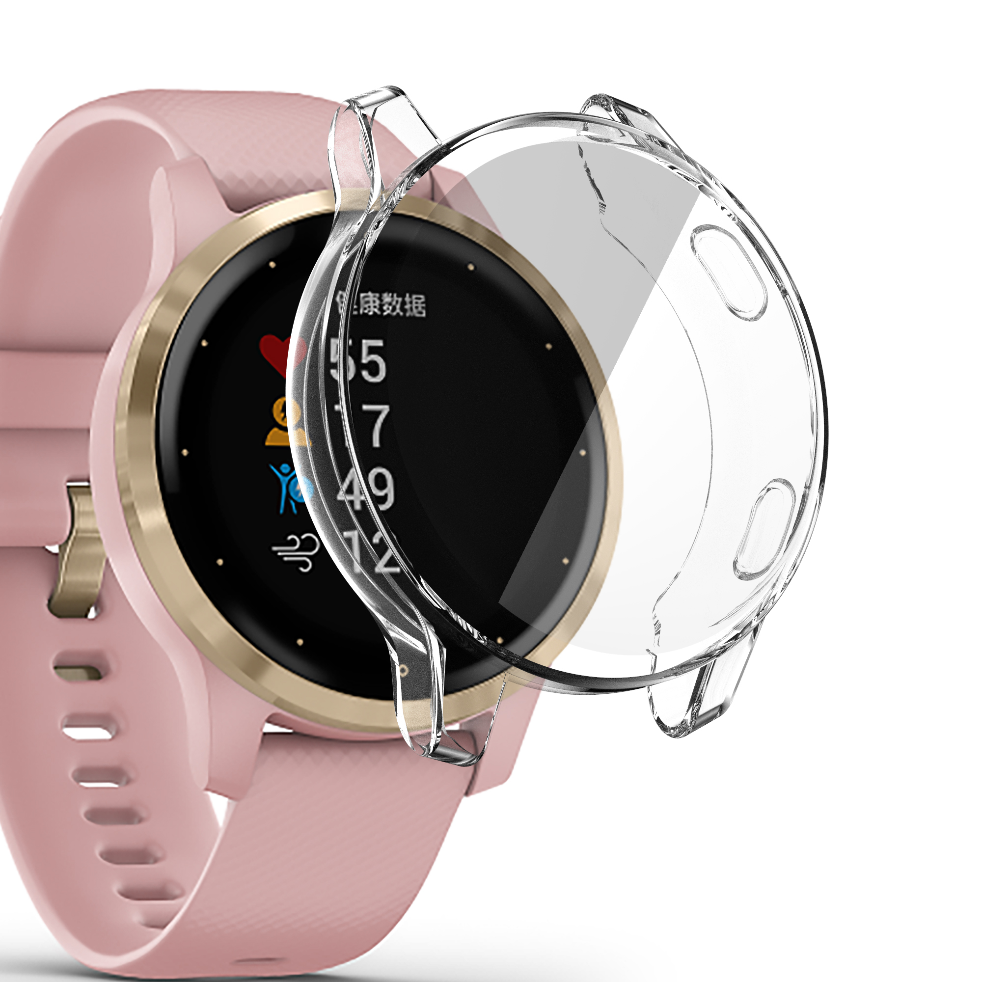 Eine rosa Smartwatch mit klarer Schutzhülle, zeigt Gesundheitsmetriken auf dem Bildschirm.