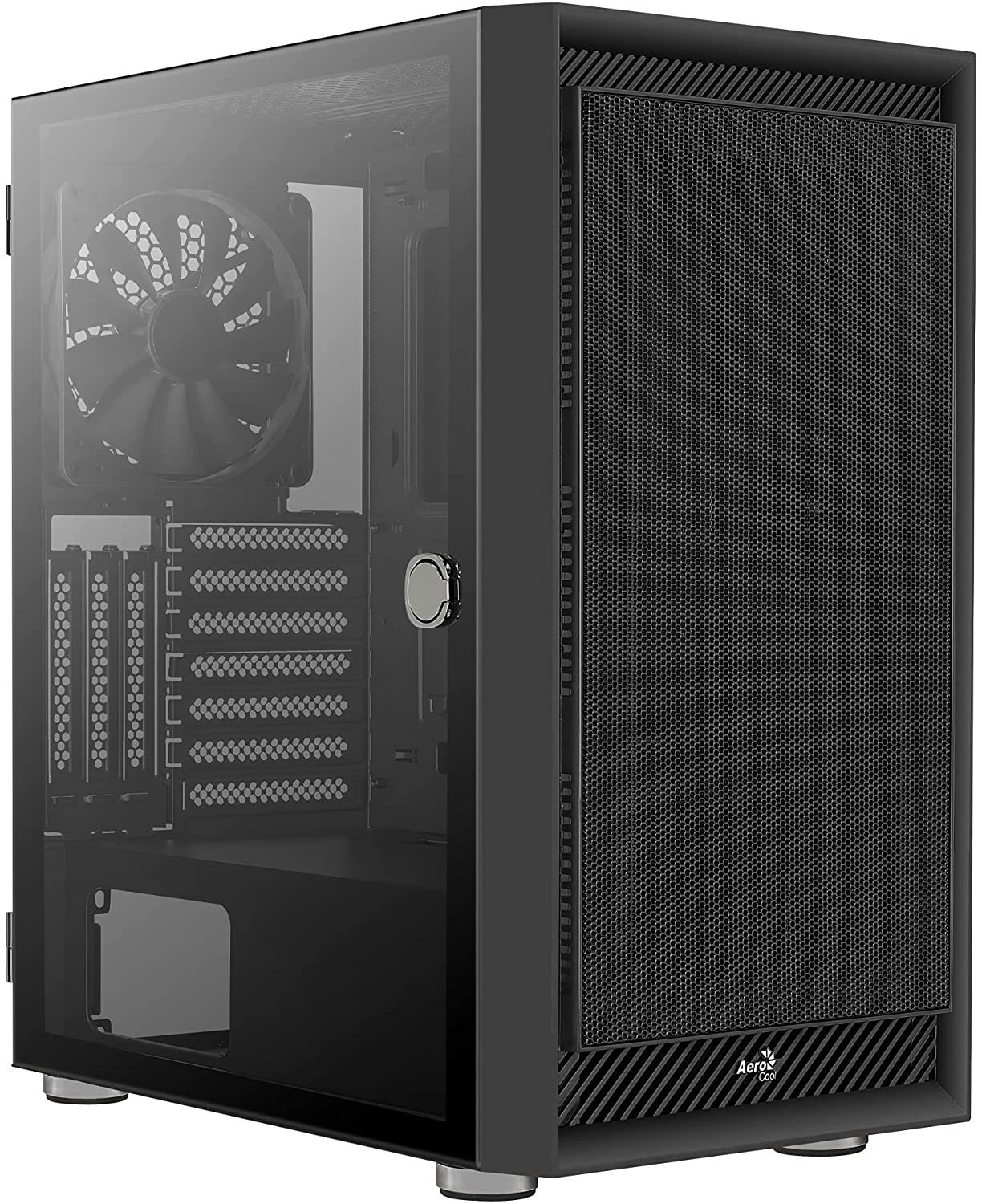 Black computer case with a mesh front and a side window showing internal components.