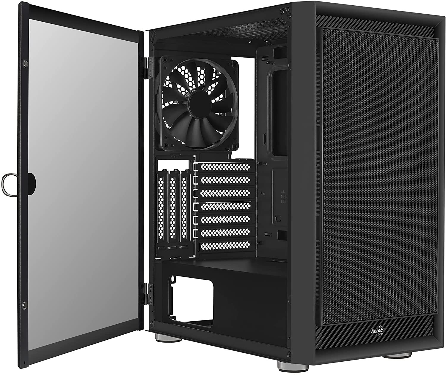 Black computer case with glass door open. A fan is visible inside.