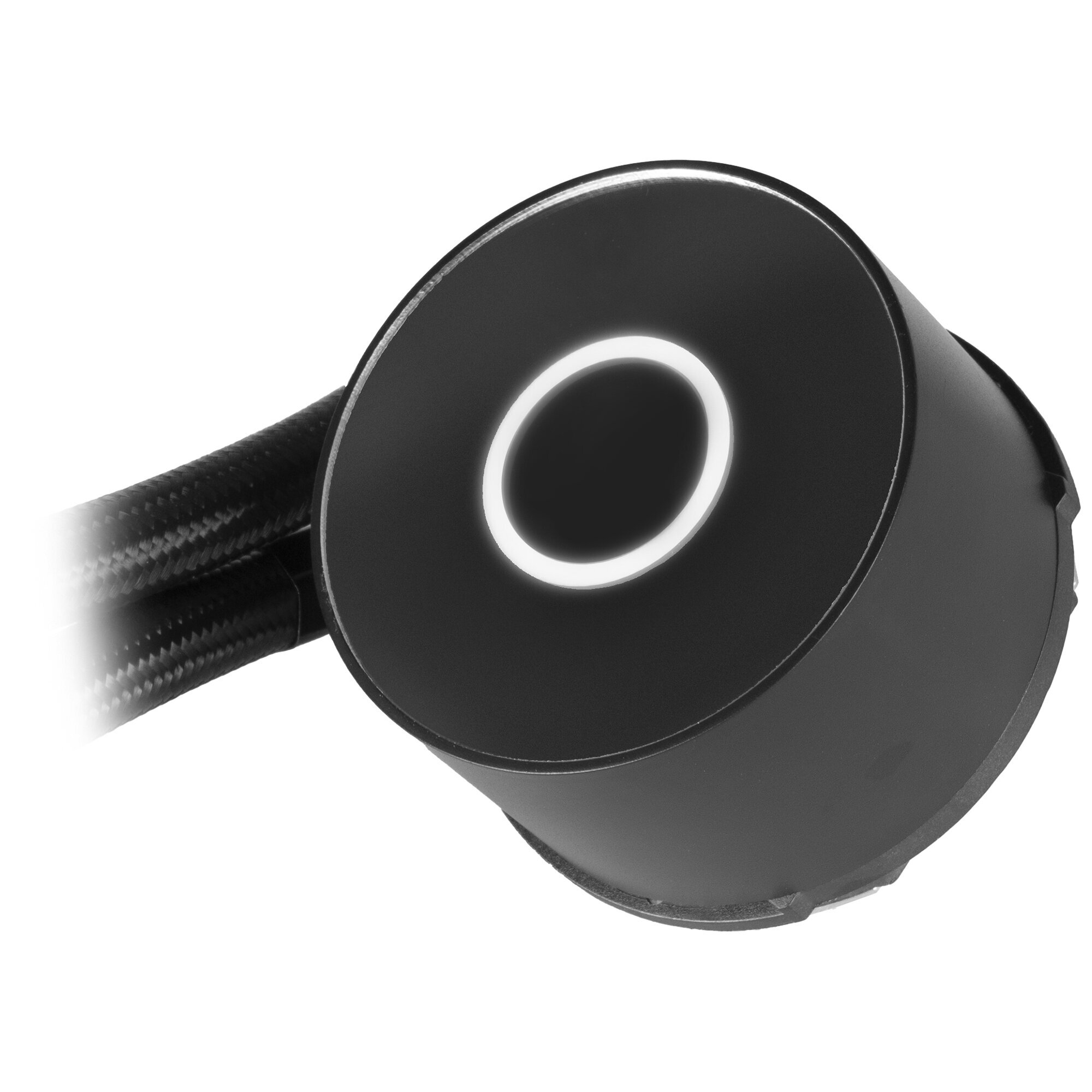 Czarny chłodnica cieczy CPU z białym pierścieniem LED. Rurki widoczne po lewej.