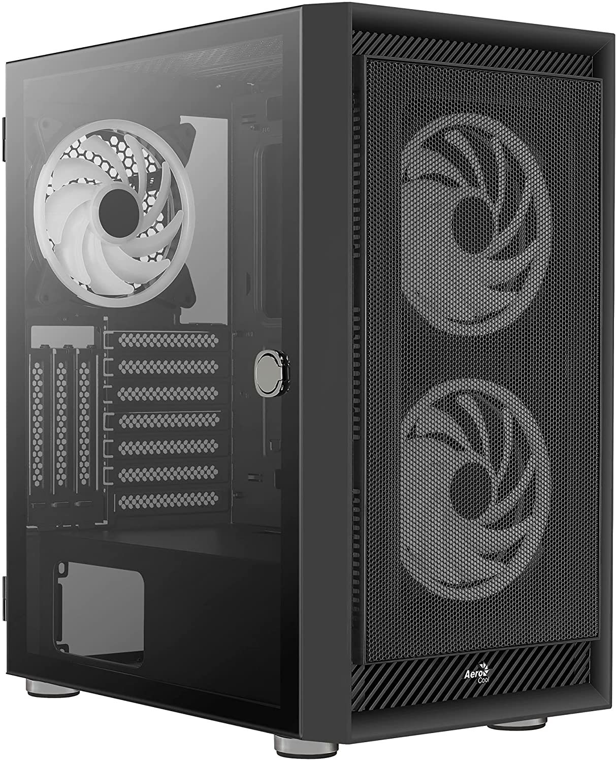 Black computer case with fans. Glass side panel. White background.