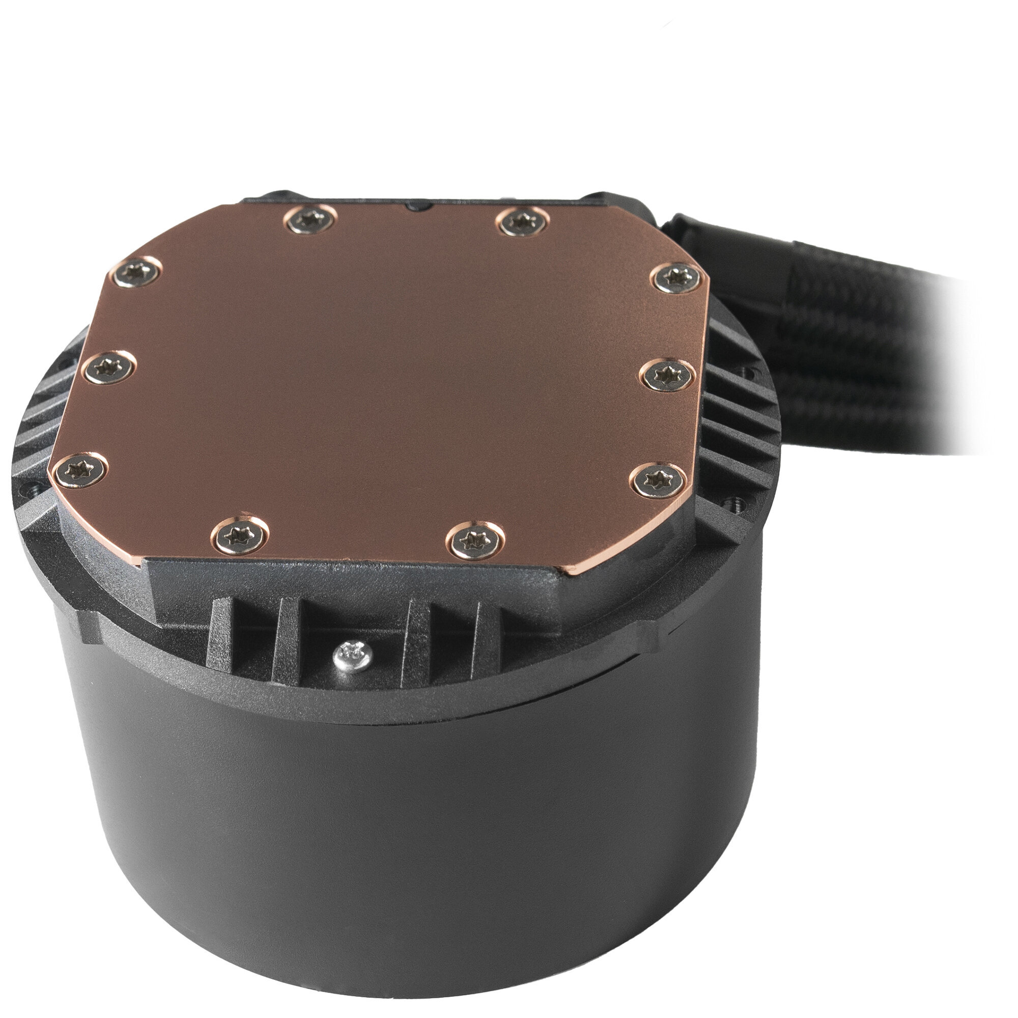 Chłodnica procesora w kolorze miedzi ze śrubami i czarną podstawą.