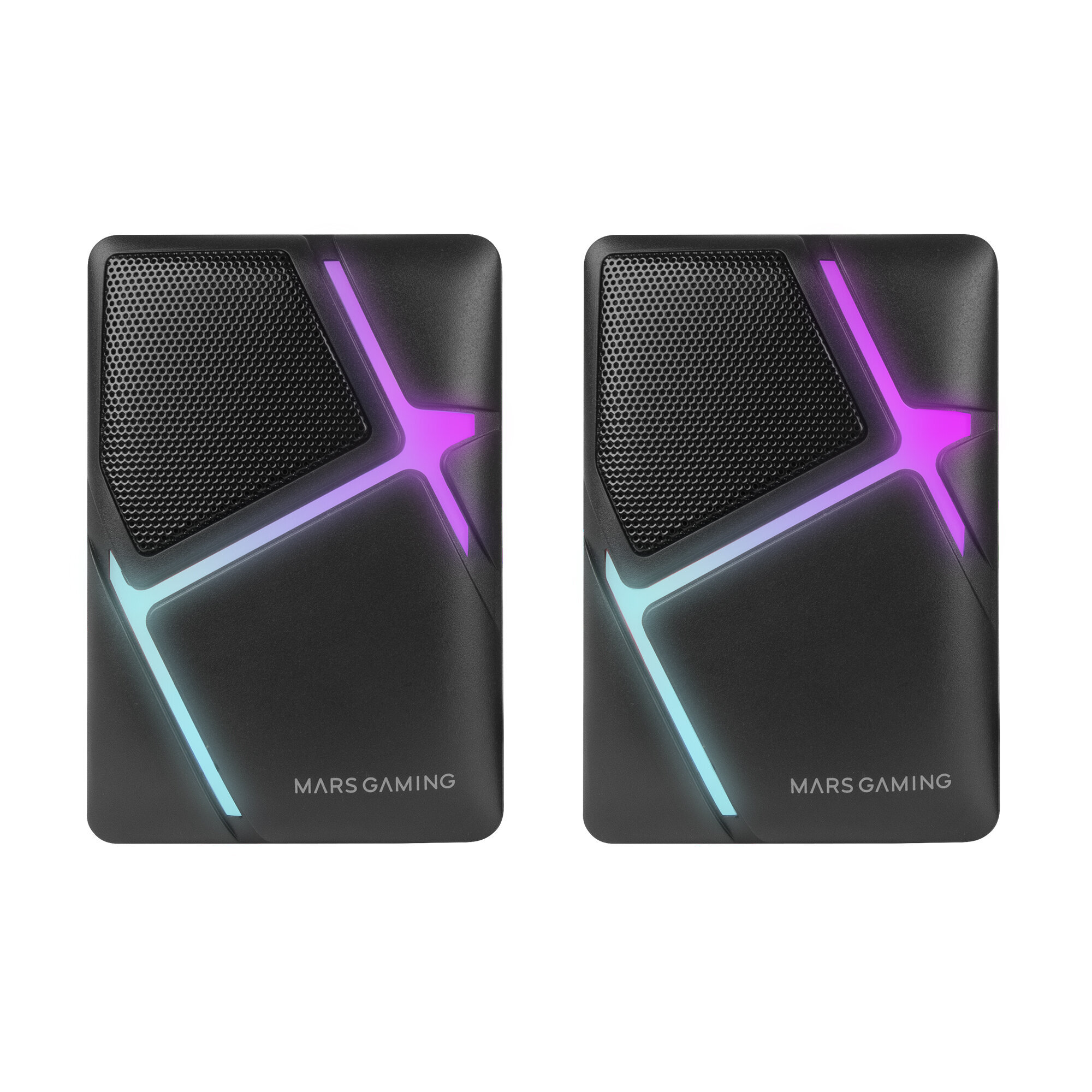 Due altoparlanti neri con mesh, luci a croce luminose e logo Mars Gaming.