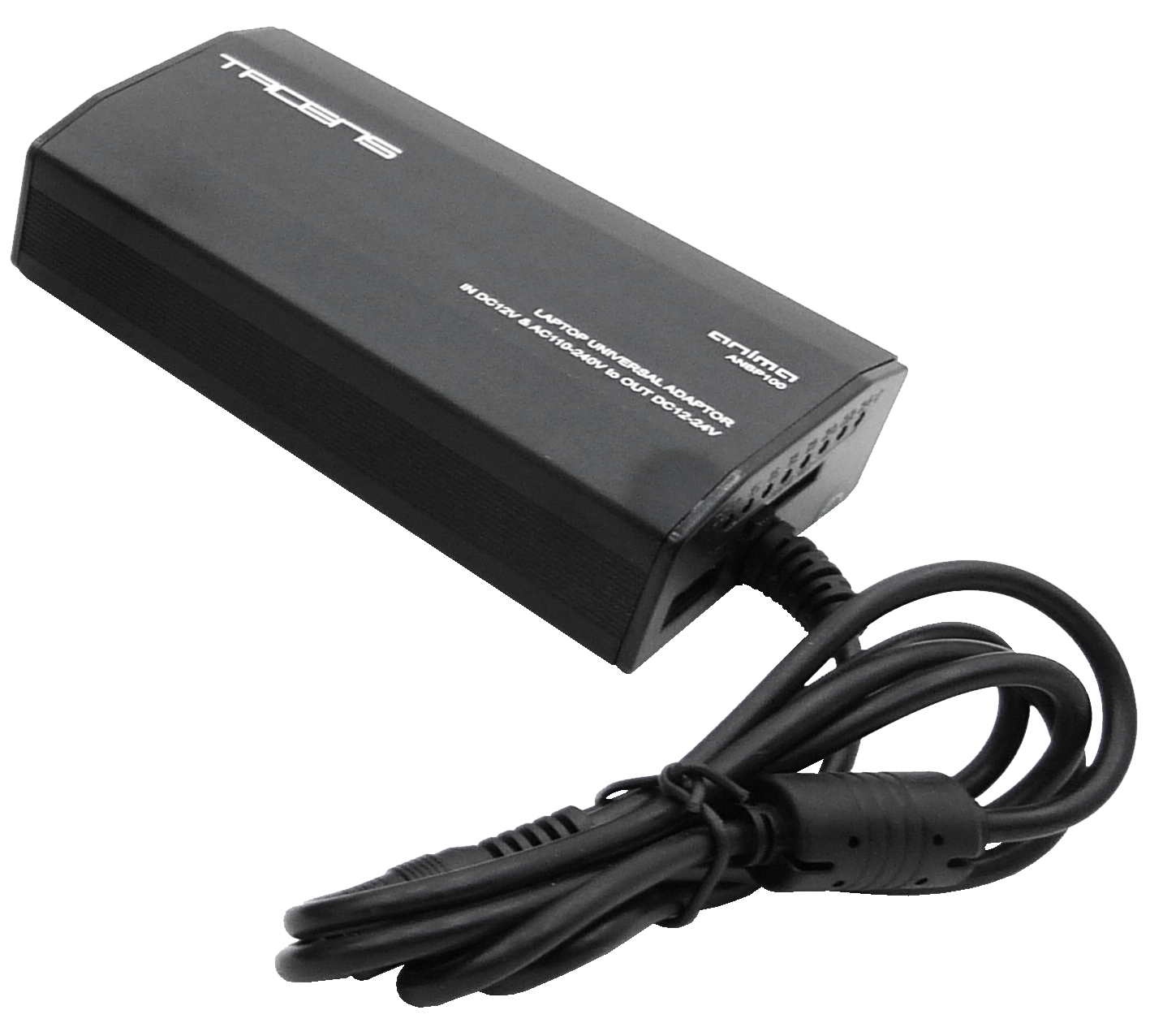 Adaptador de corriente negro para portátil con cable enrollado. Marca.