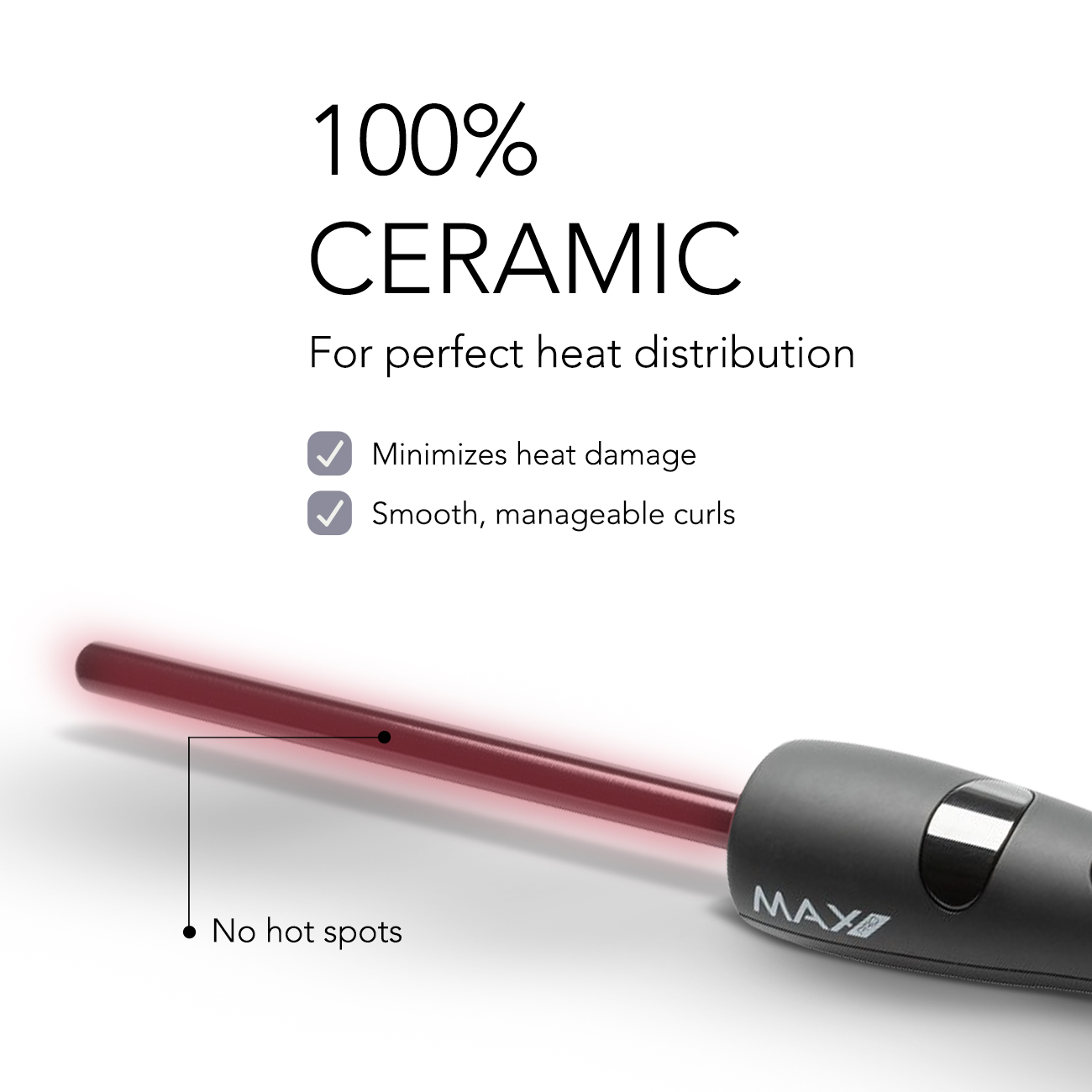 Ein Lockenstab mit rotem Heizelement. Text: 100% Keramik, minimiert Hitzeschäden, glatte Locken.