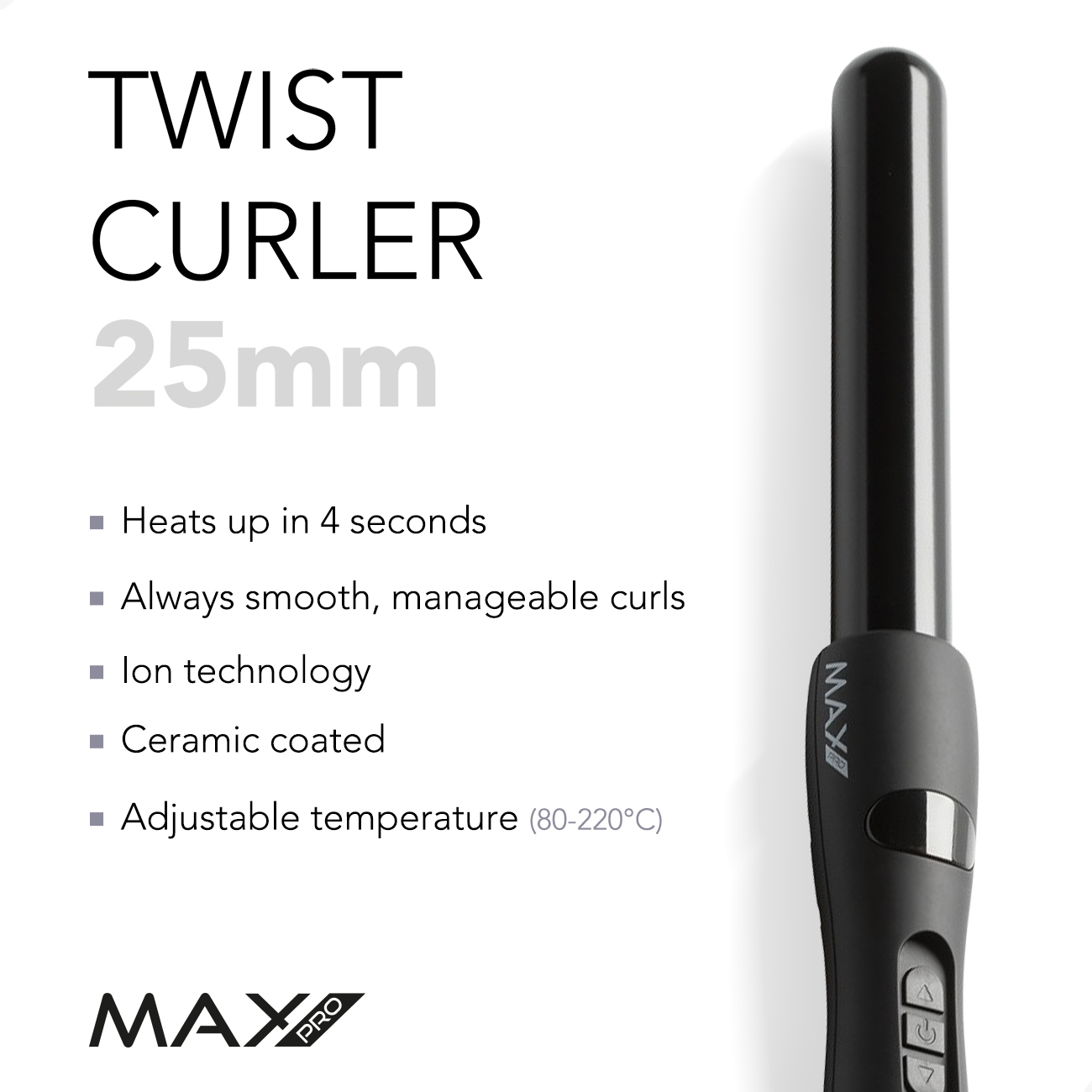 Een zwarte krultang met tekst: Twist Curler 25mm, met kenmerken ernaast.