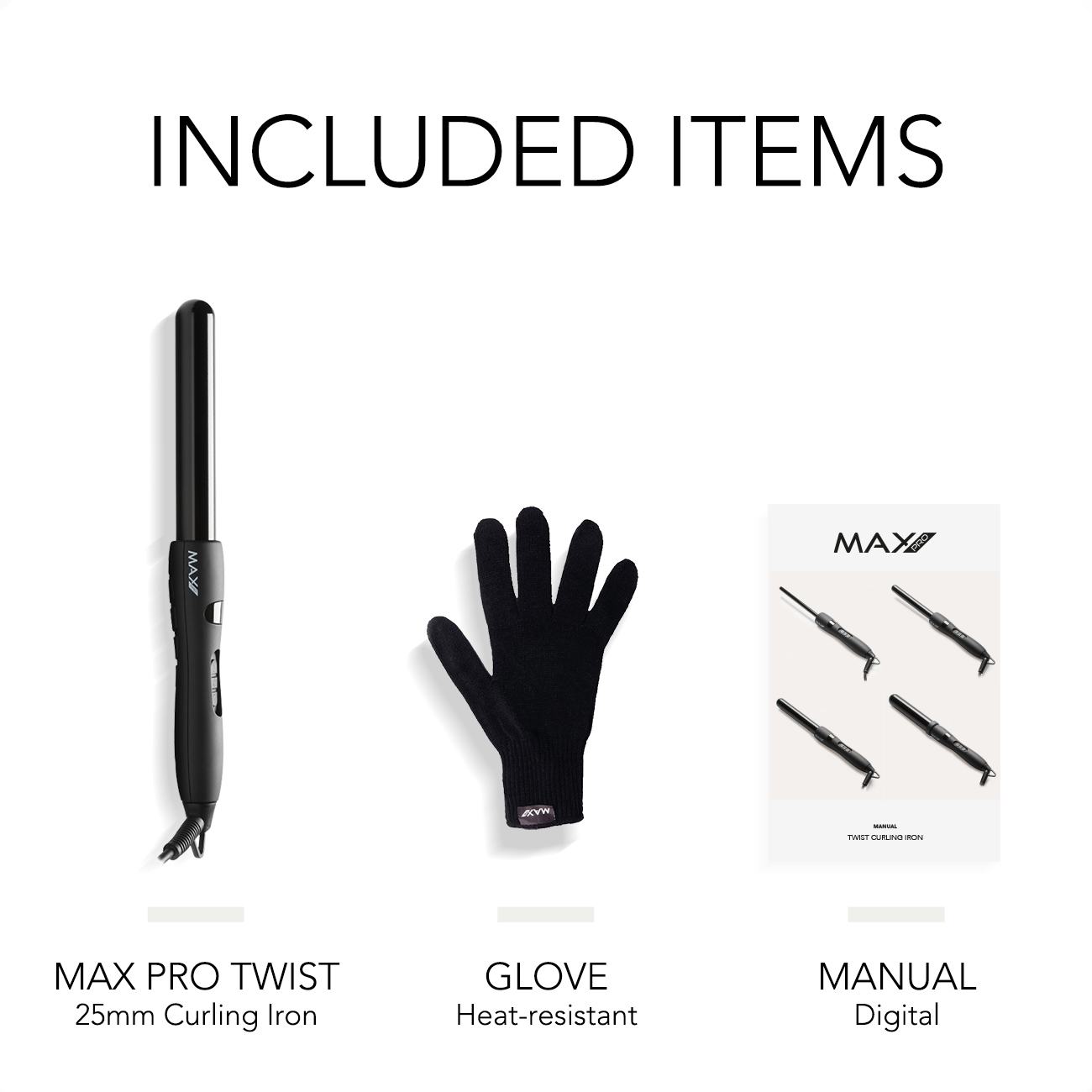 Inbegrepen items voor een krultang: een krultang, een handschoen en een handleiding.