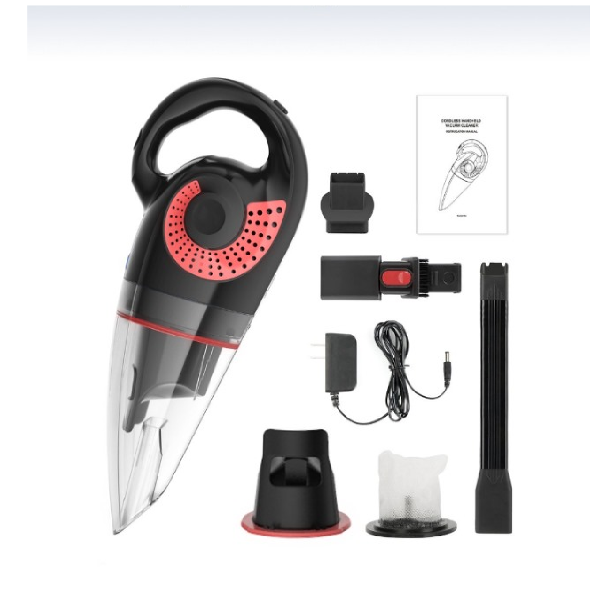 Ein schwarzer und roter Handstaubsauger mit Zubehör, einschließlich Ladegerät und Filter.