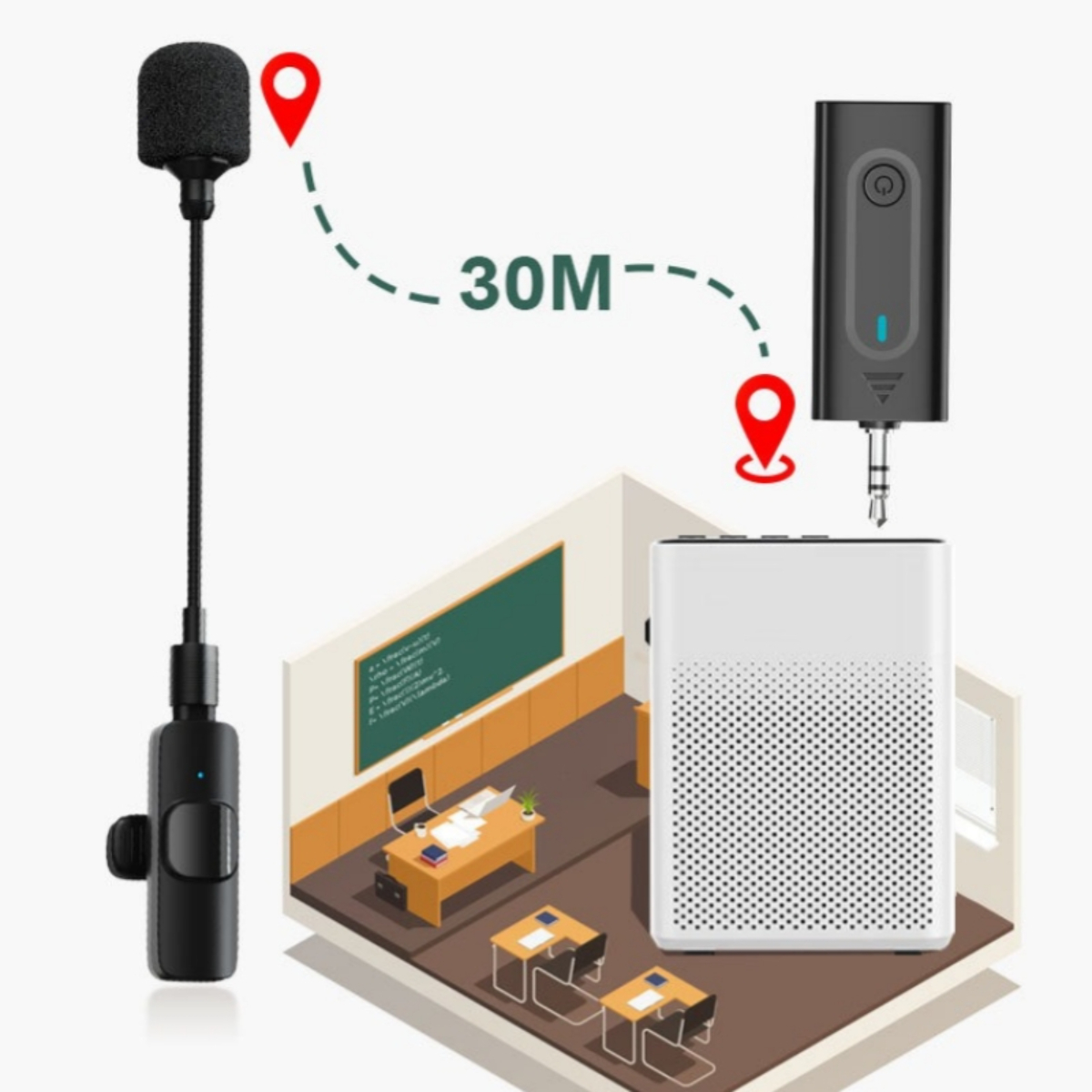 Schwarzes Mikrofon und ein weißer Lautsprecher mit einem Klassenzimmer im Hintergrund.