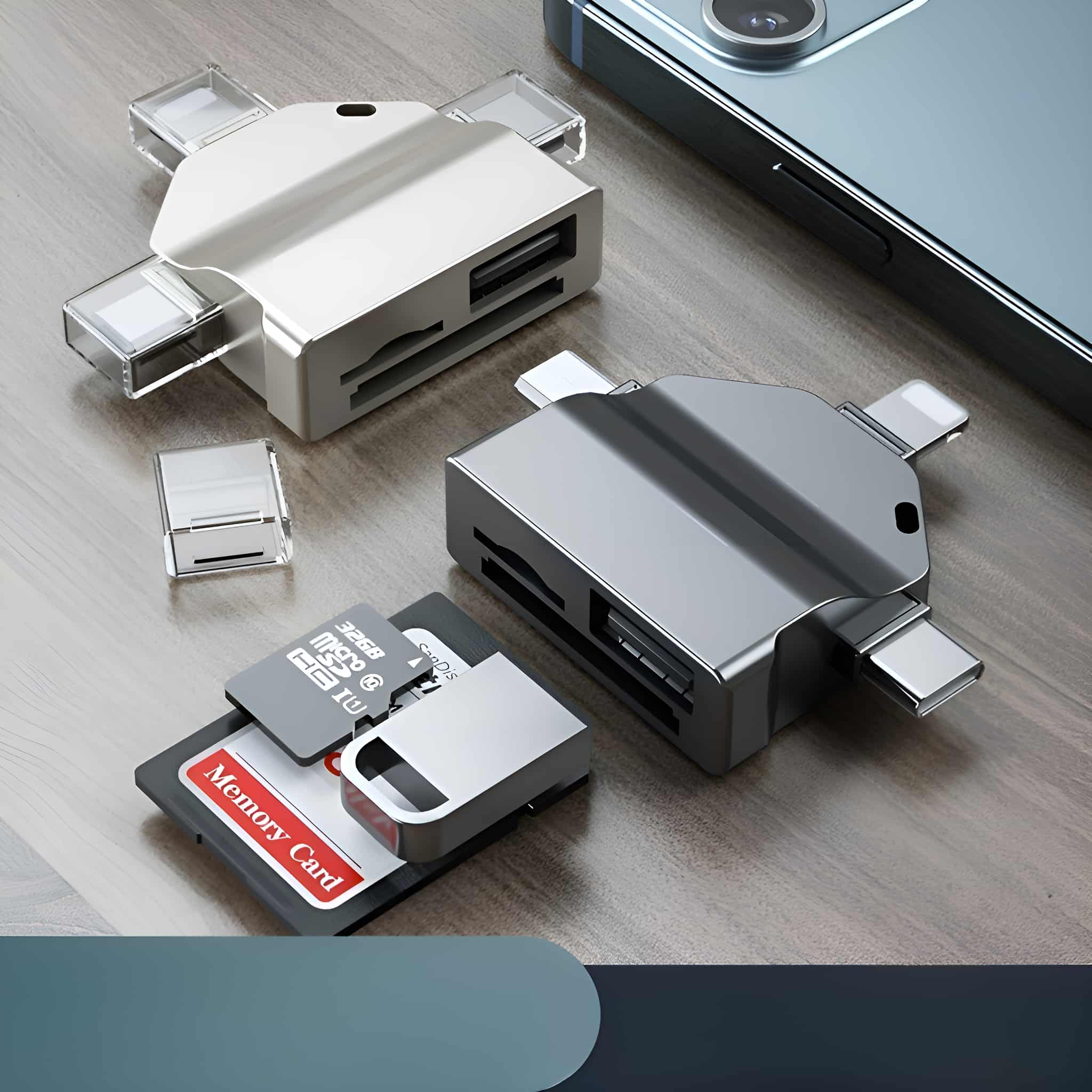 Ein silberner Multiport-Adapter mit Speicherkarten und einem Telefon auf einer Holzoberfläche. Dunkler Hintergrund.